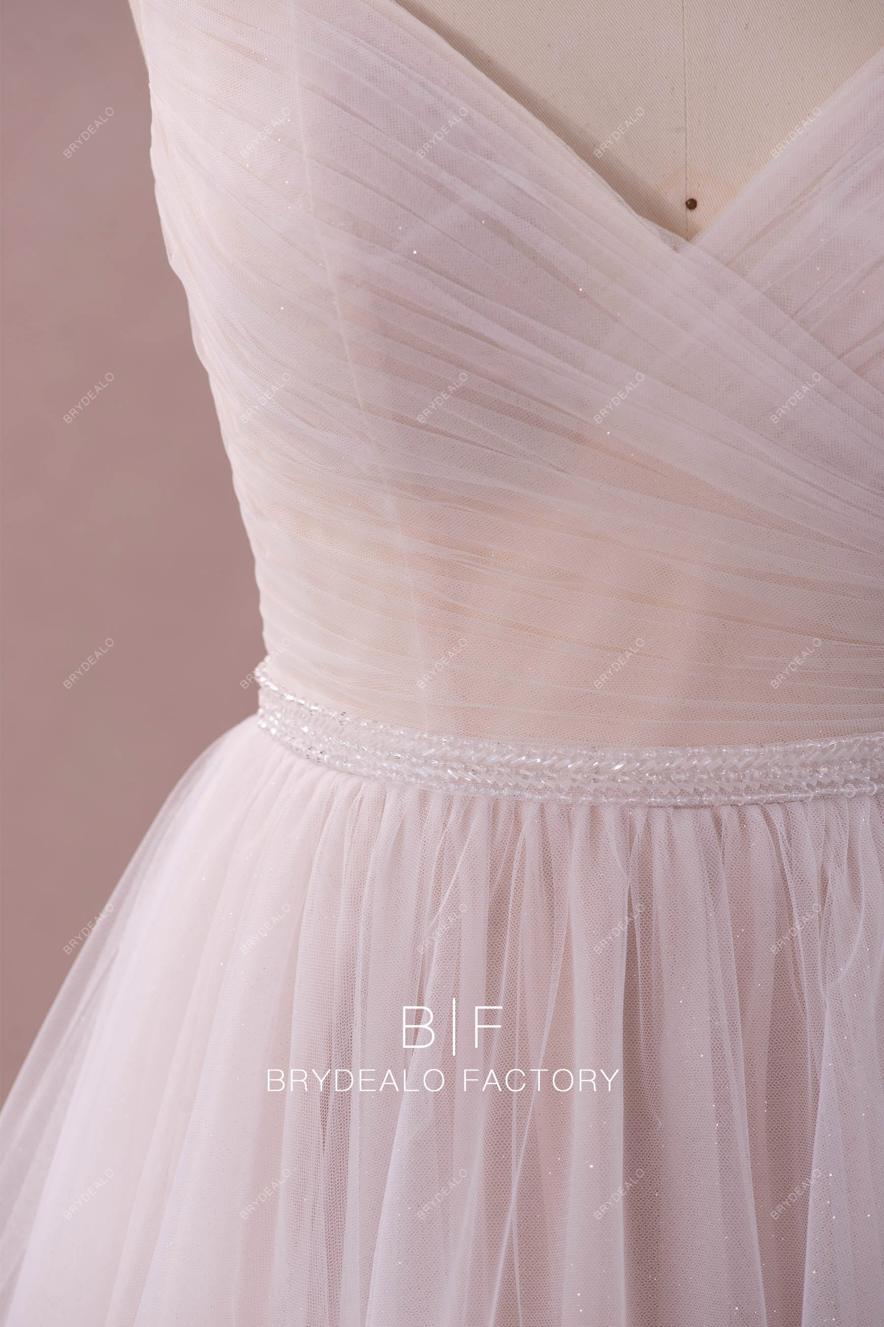 shimmery ruched tulle wedding gown