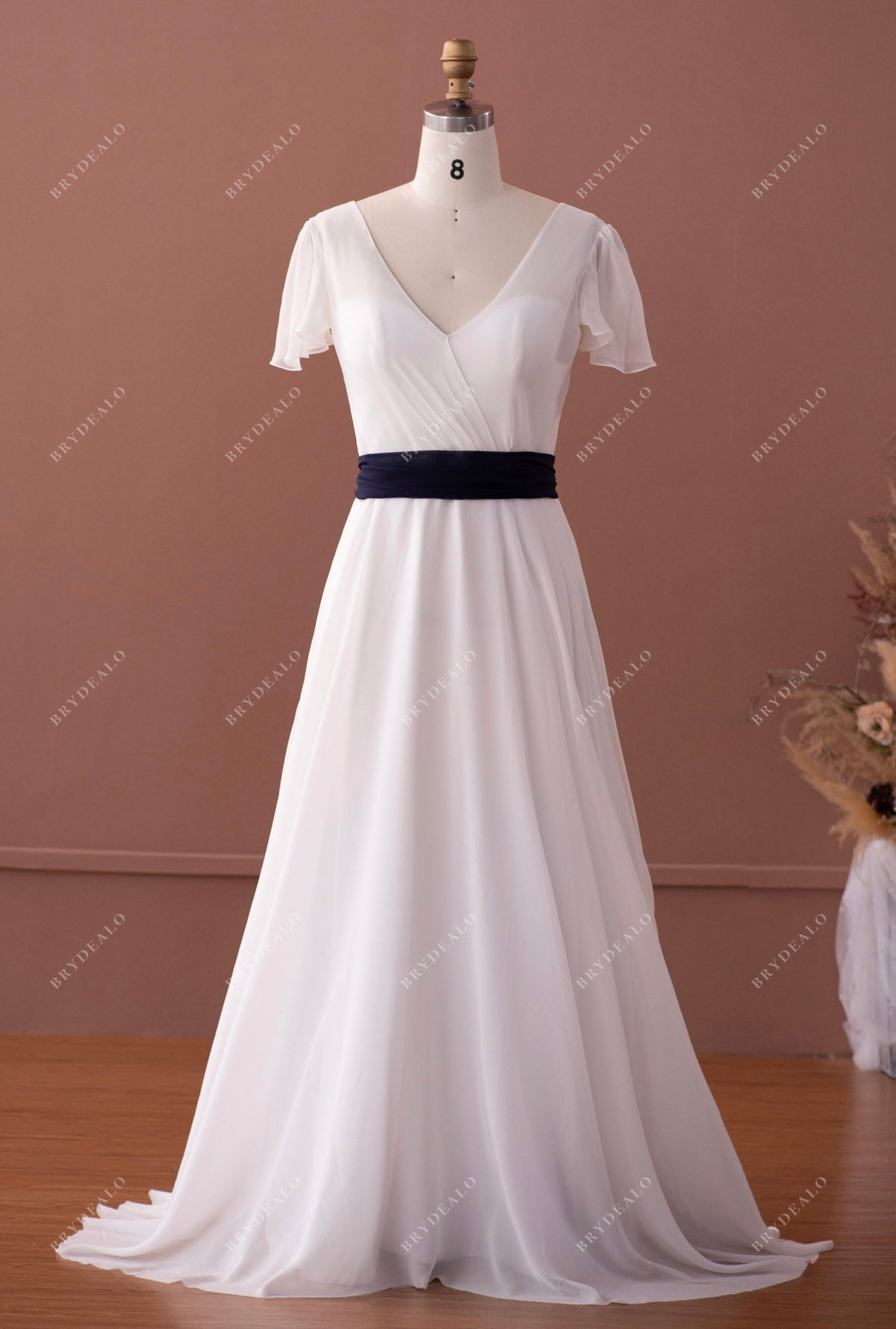 chinese dress ladies Silk Georgette Flutter Sleeve Navy Sash Beach A-line Wedding Dress Navy  Sash – Brydealo