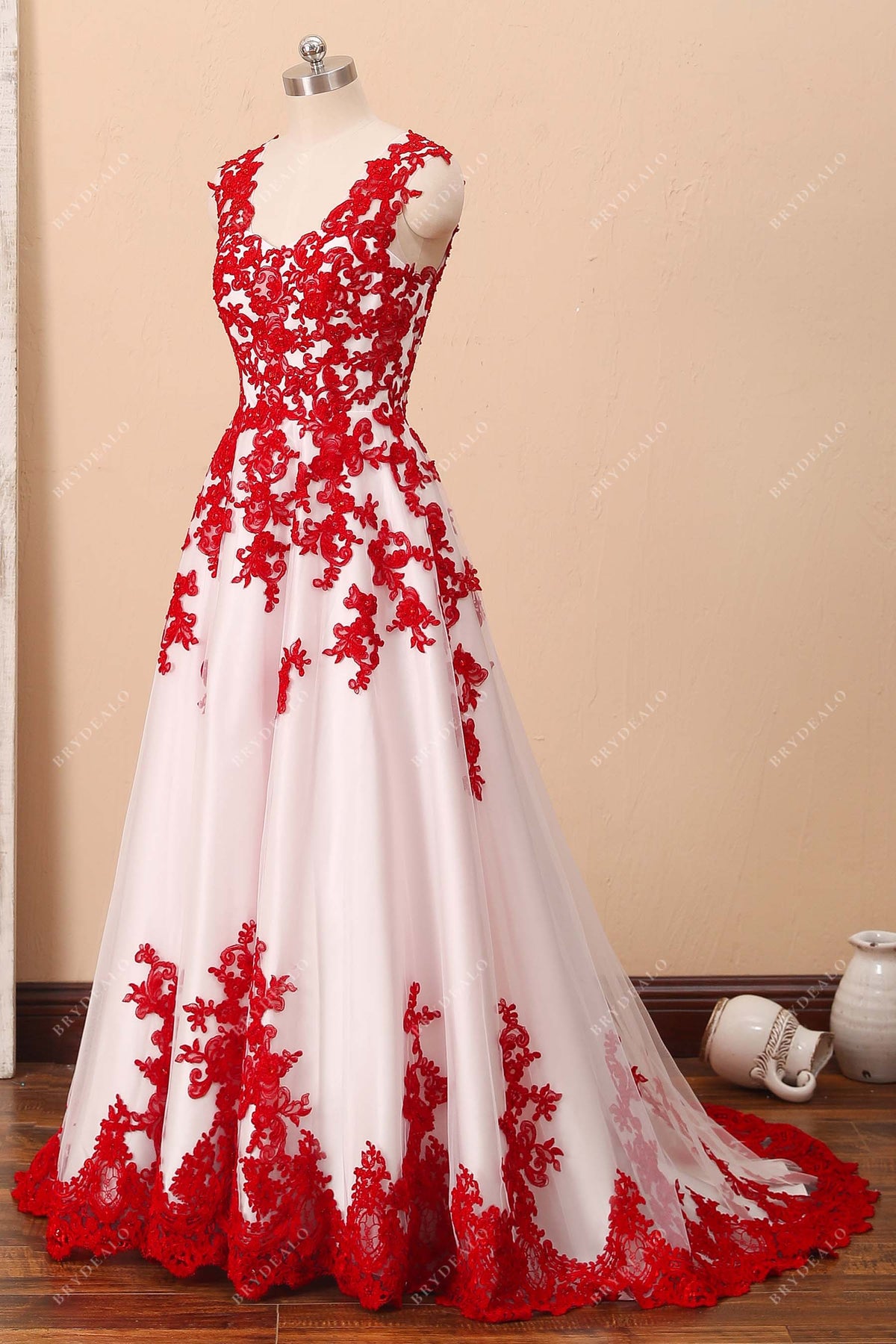 Fancy Red Lace Ivory Satin V-neck Wedding Dress Brydealo Fancy Red Lace Ivory Satin V-neck Wedding Dress Brydealo