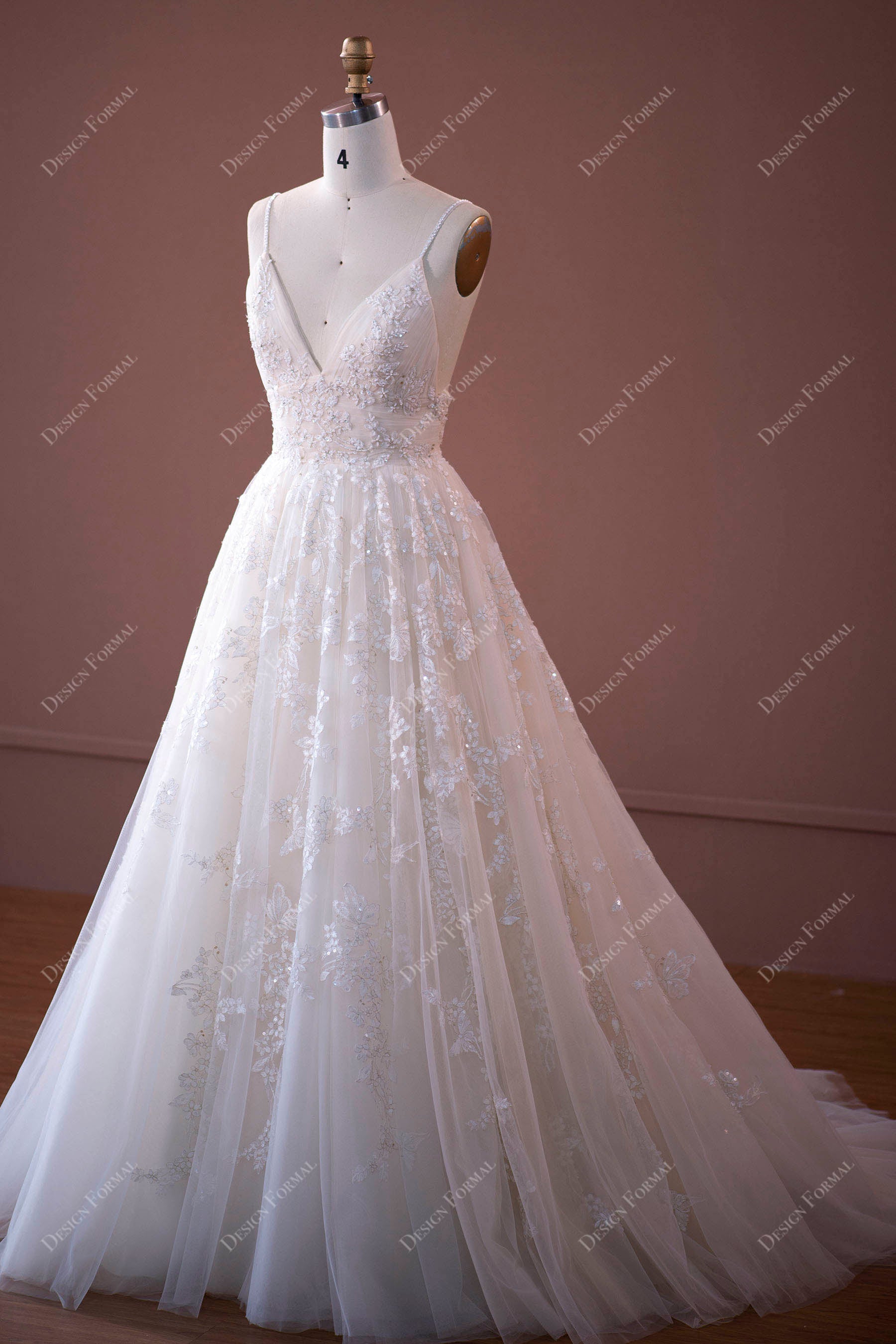 sleeveless spaghetti straps beaded lace bridal dress