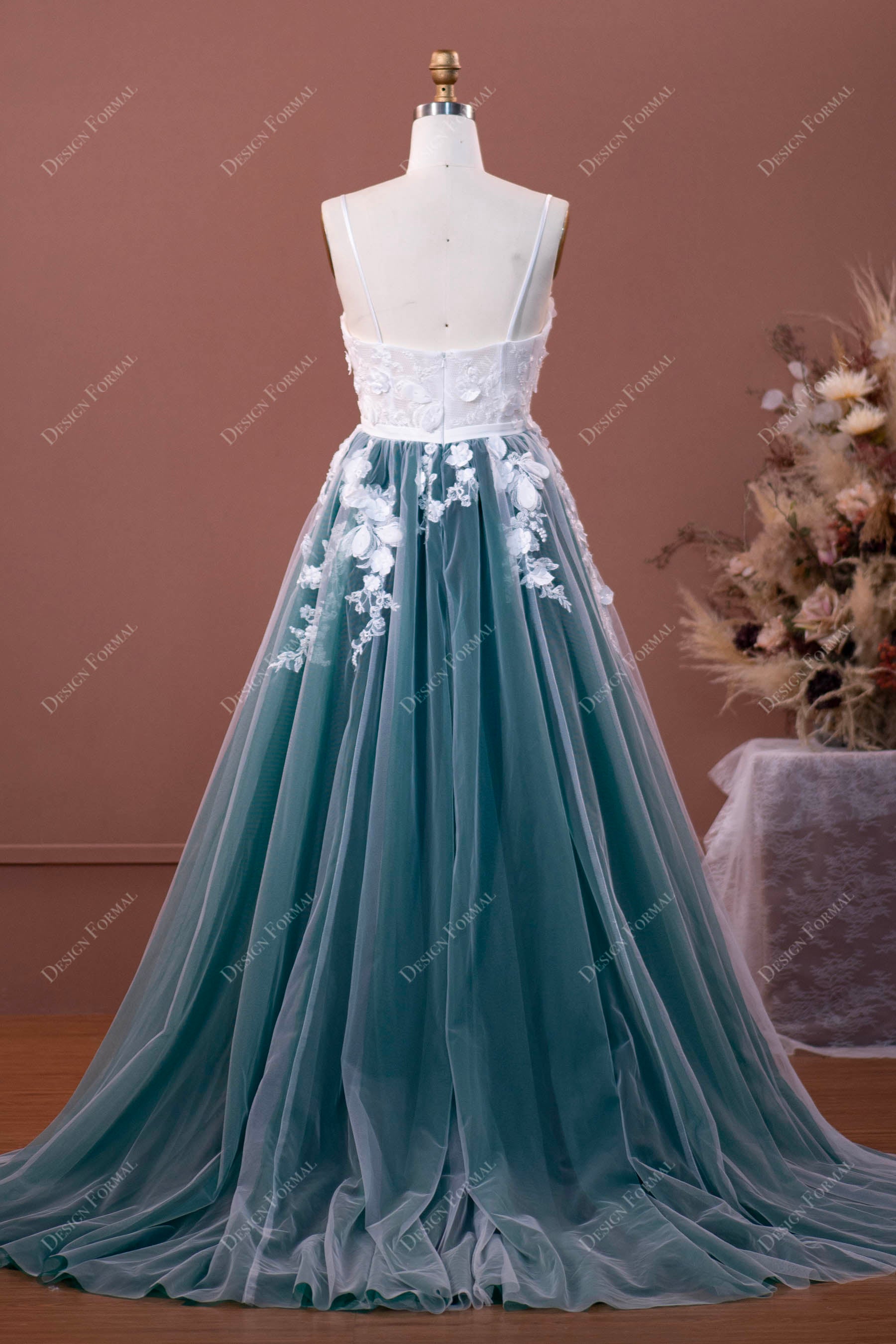 spaghetti straps open back A-line prom dress