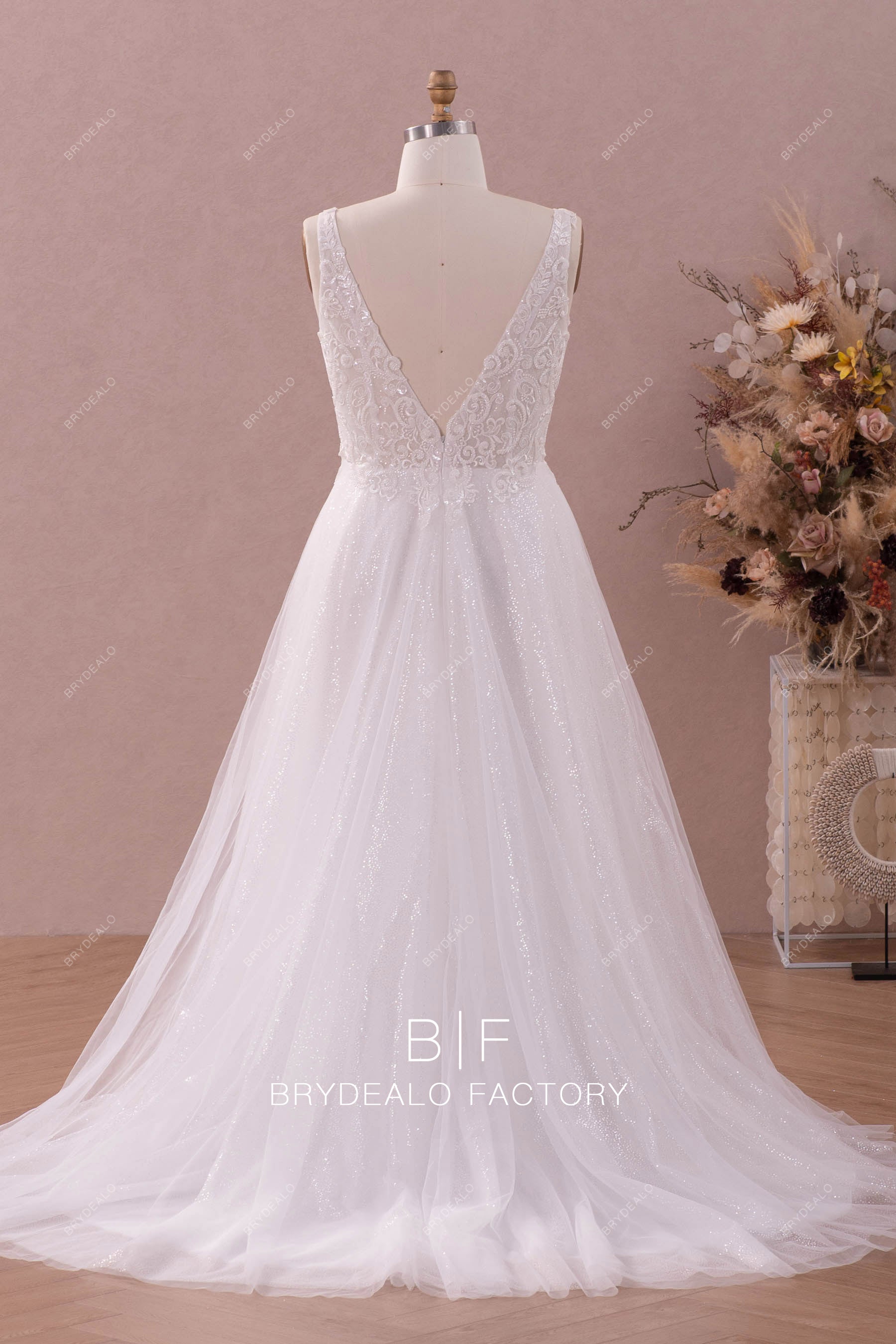 plus size sparkly V-back beaded lace sequin wedding dress