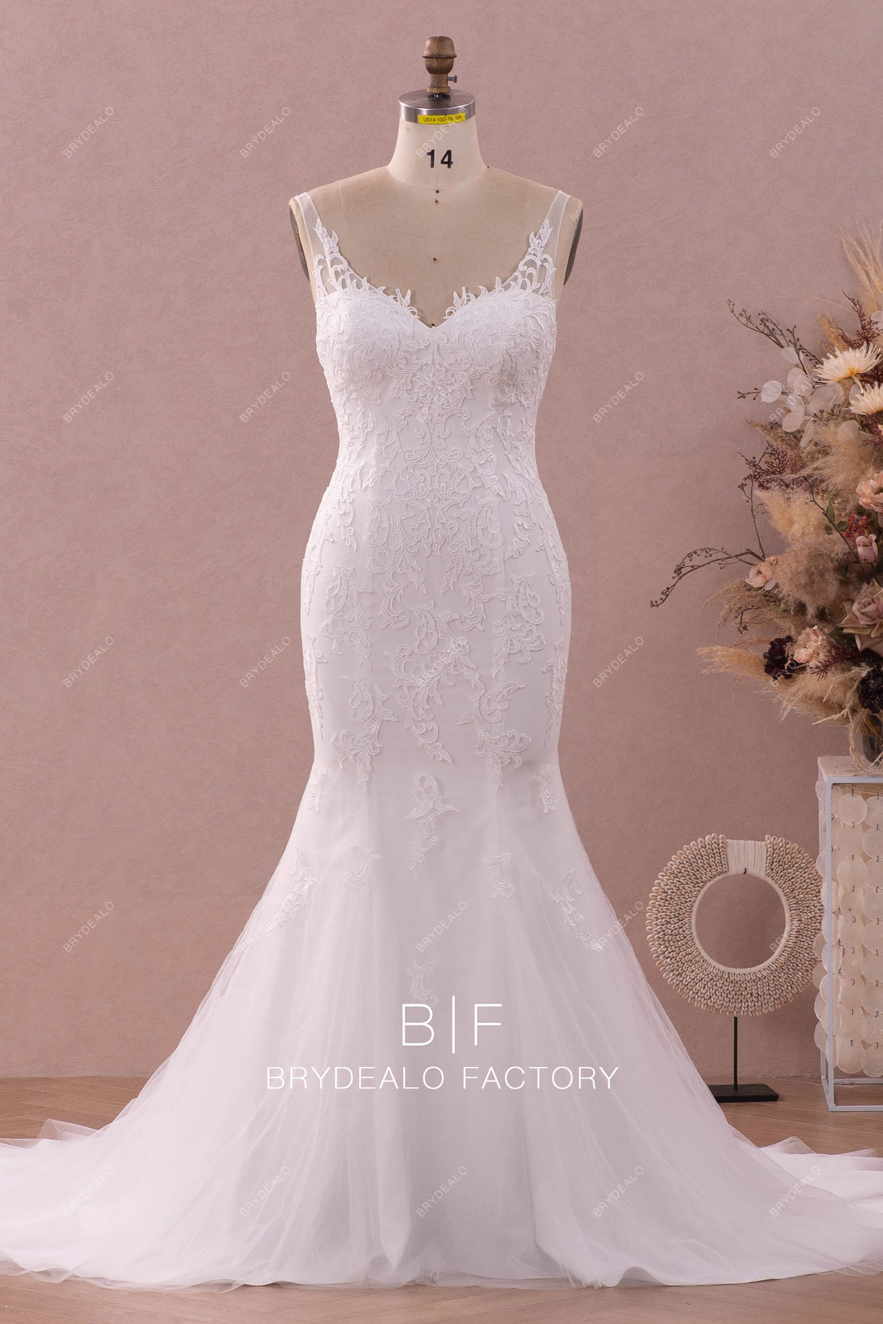 lace straps illusion neck mermaid wedding dress