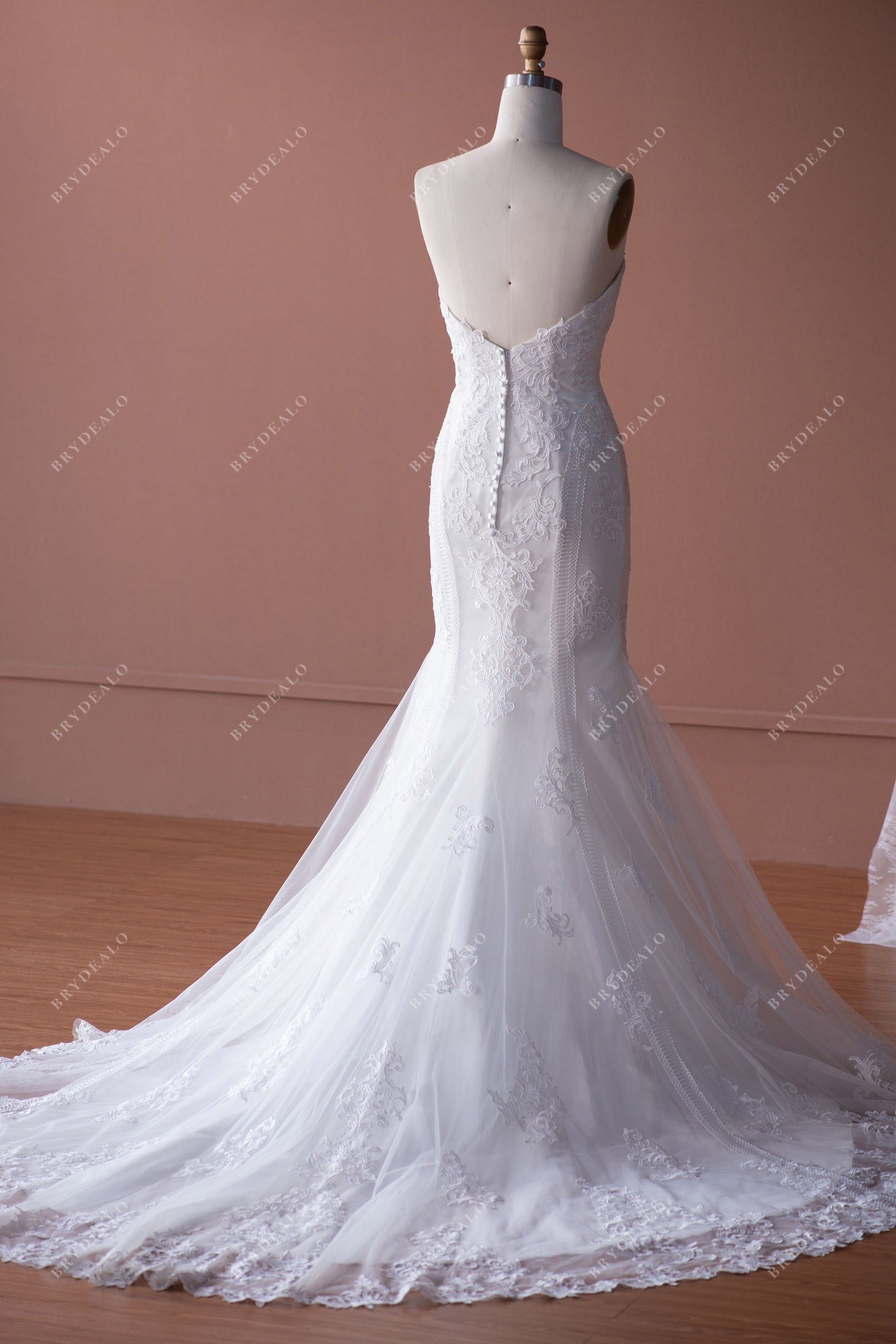 strapless open back lace mermaid wedding dress