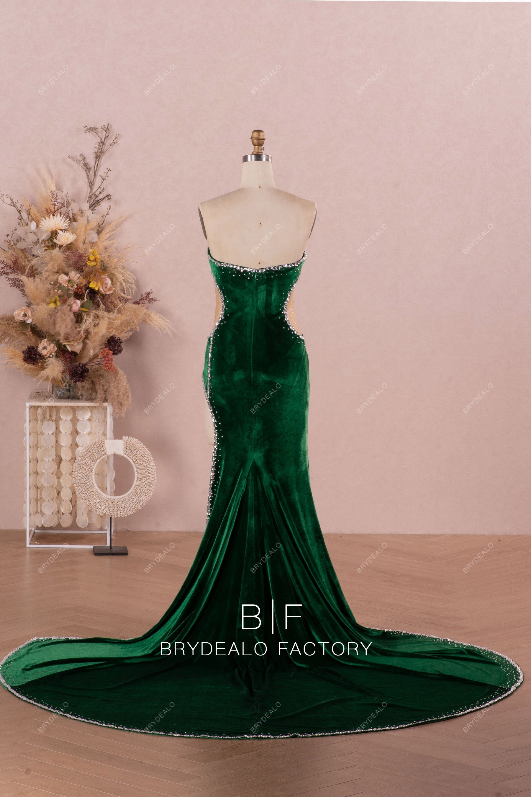 strapless court train velvet prom dress