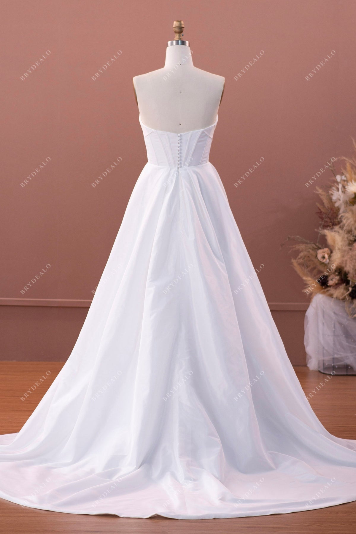 Chic A-Line Wedding Dress: Designer Taffeta, Strapless, Pleated Details Brydealo Chic A-Line Wedding Dress: Designer Taffeta, Strapless, Pleated Details Brydealo