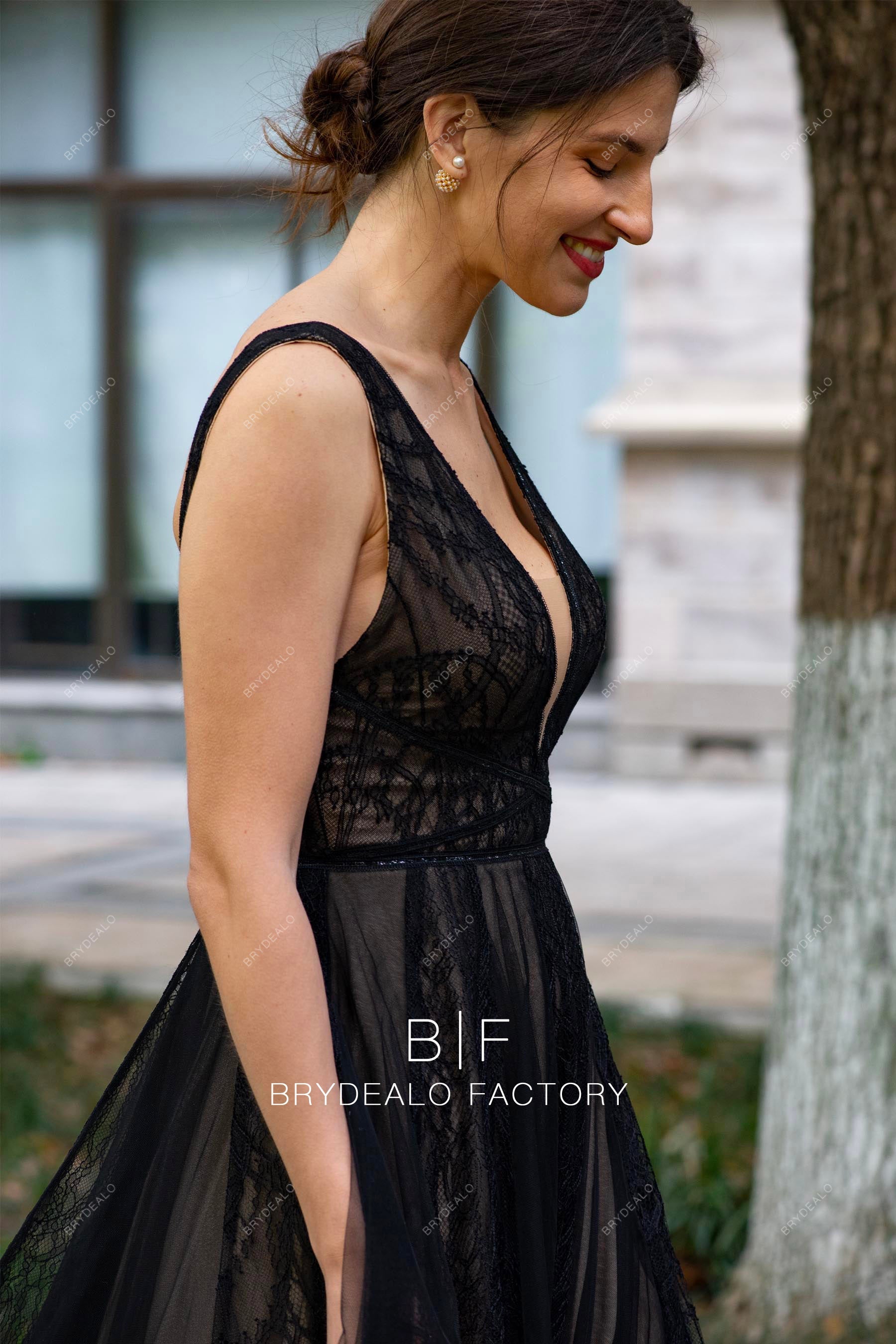 black deep V neckline designer wedding dress