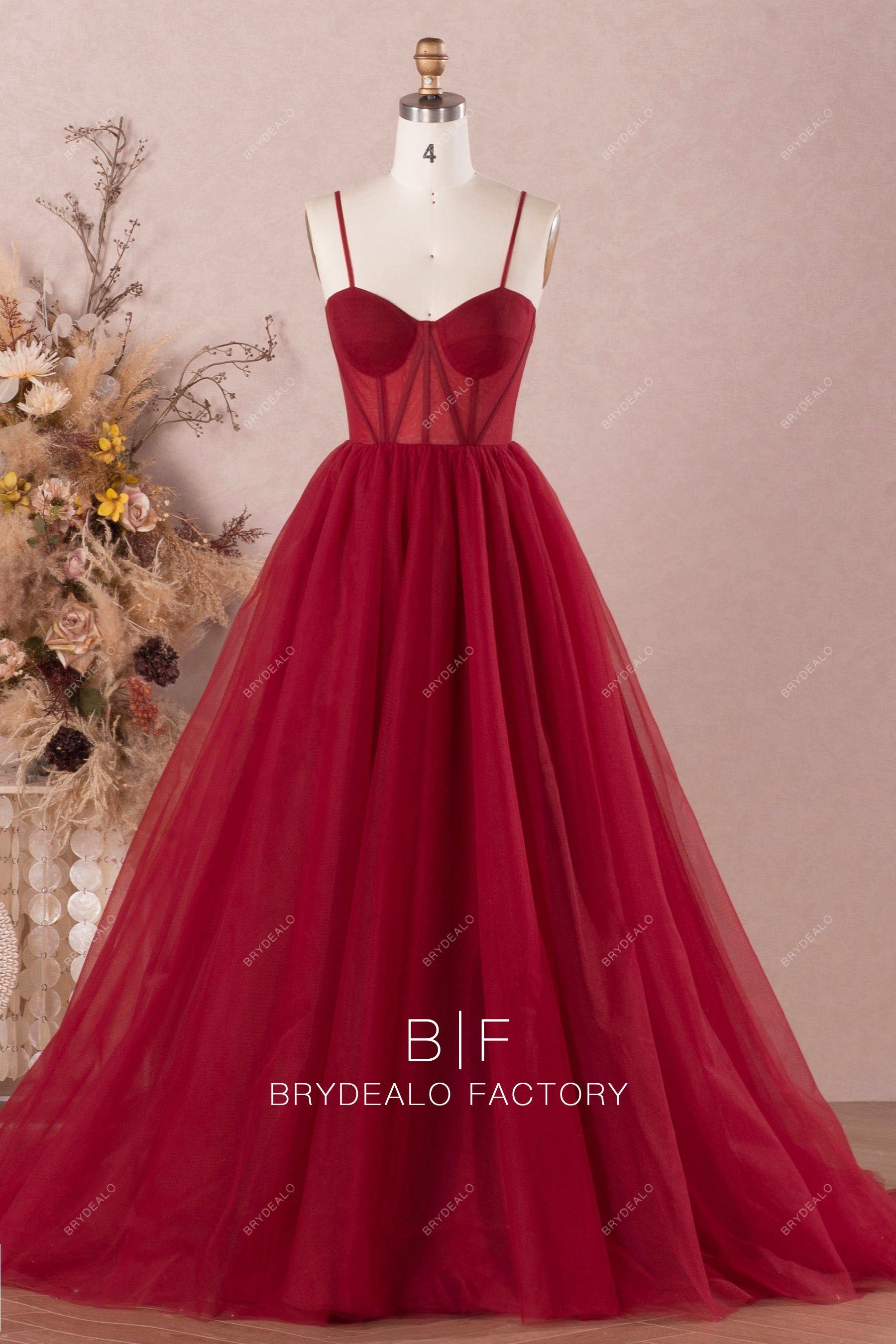 burgundy double straps corset tulle modern prom ballgown