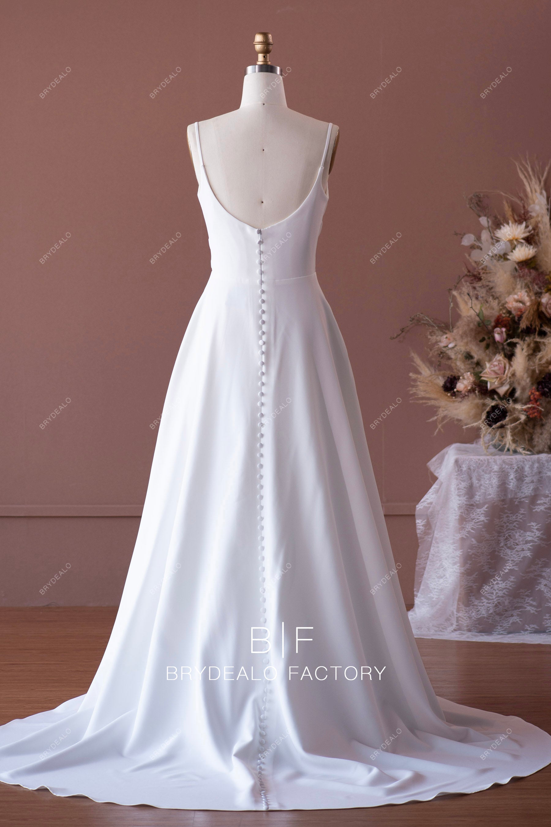 simple spaghetti straps long train wedding gown