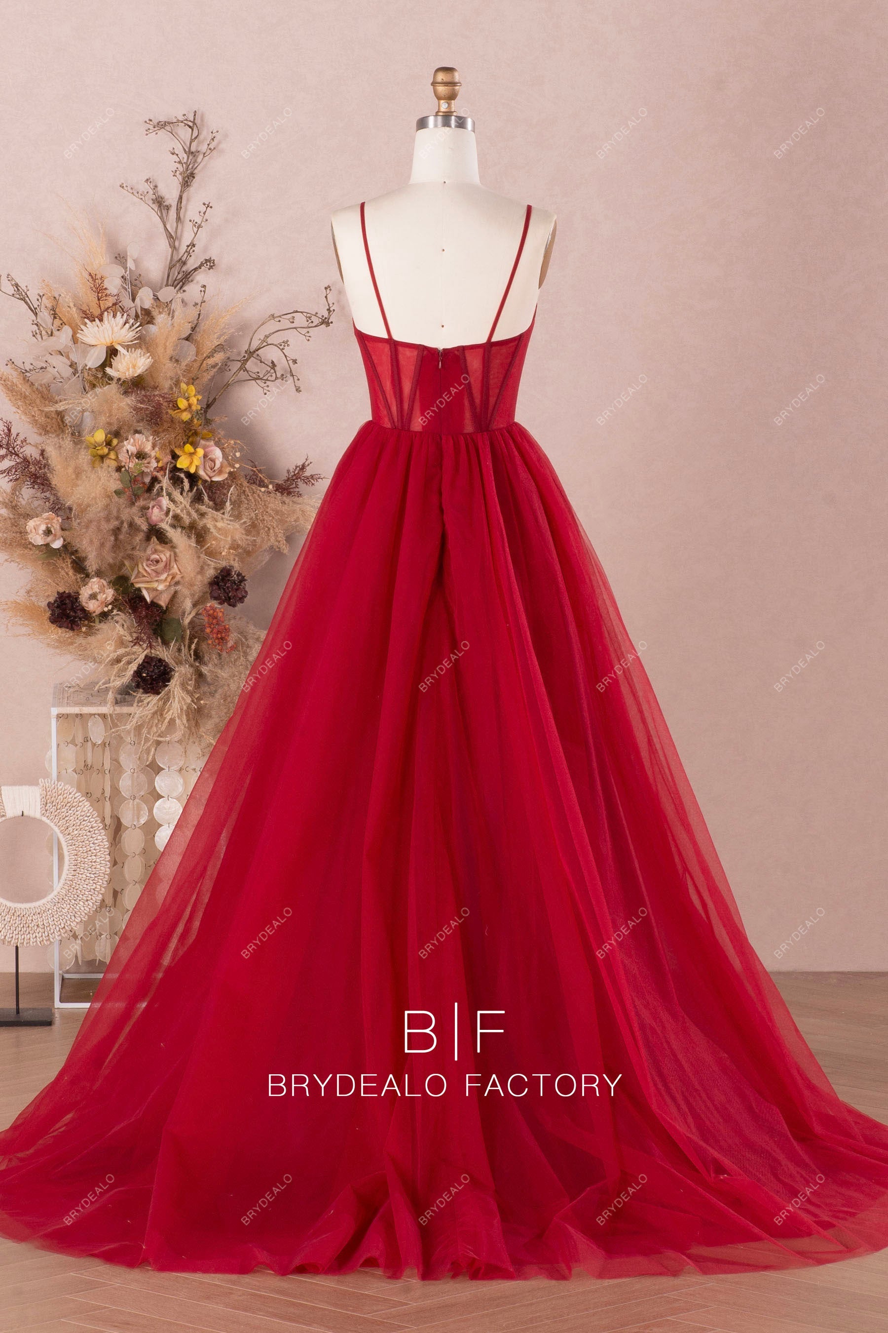 spaghetti straps long puffy A-line dark red prom dress