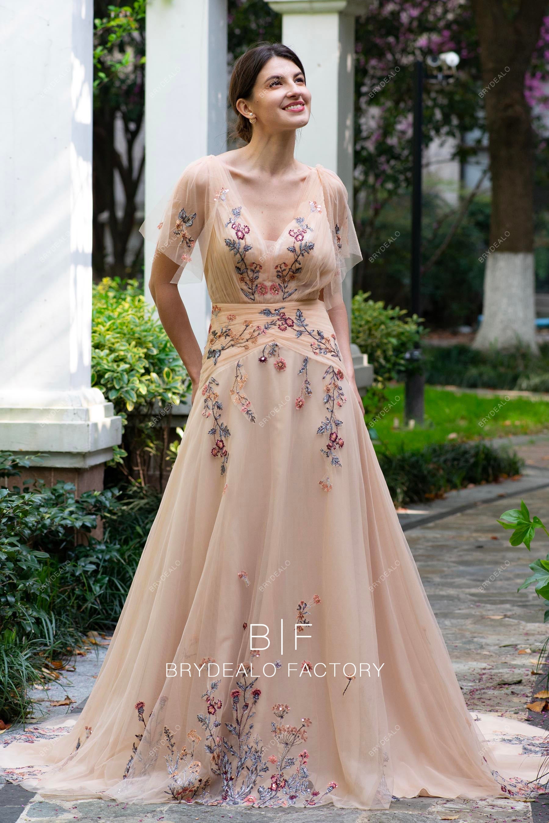 boho lace flutter straps plunging nude colored wedding dress