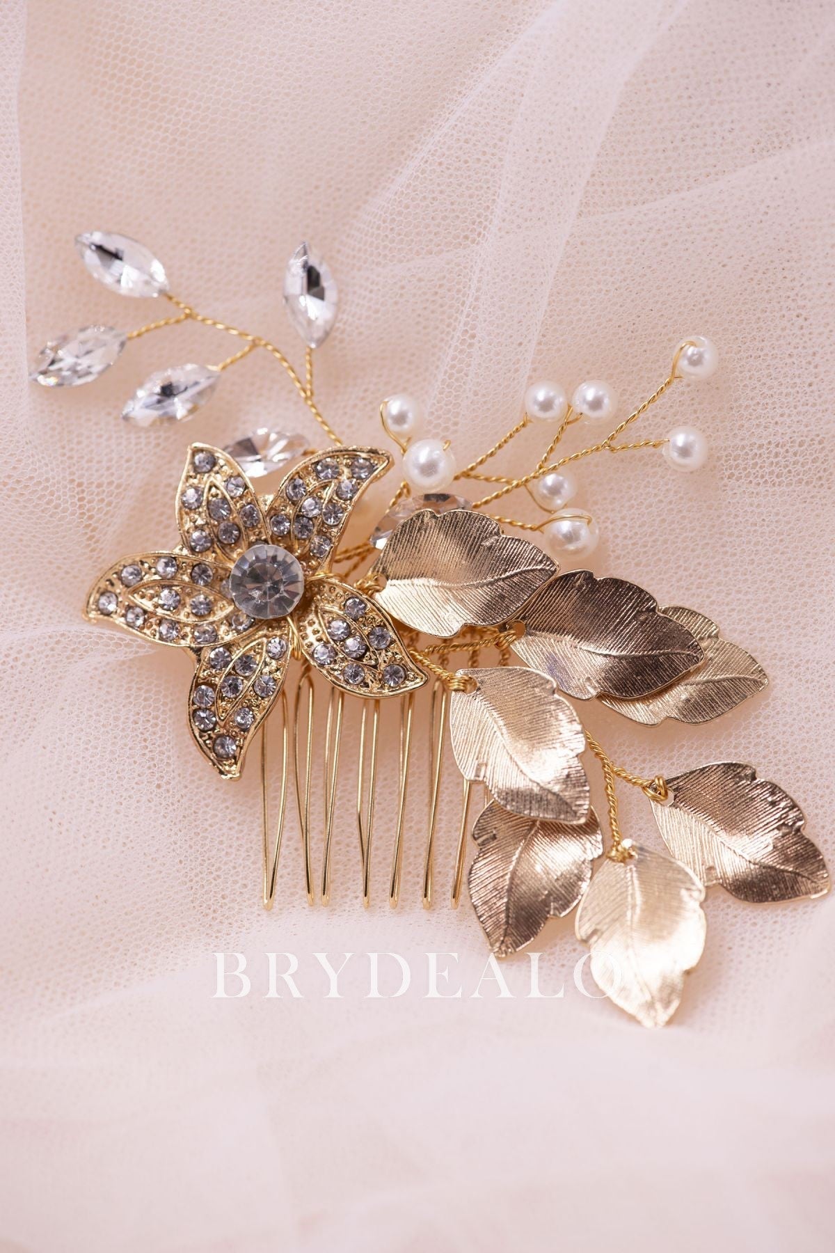 Luxury Gold Metallic Flower Leaf Rhinestones Comb