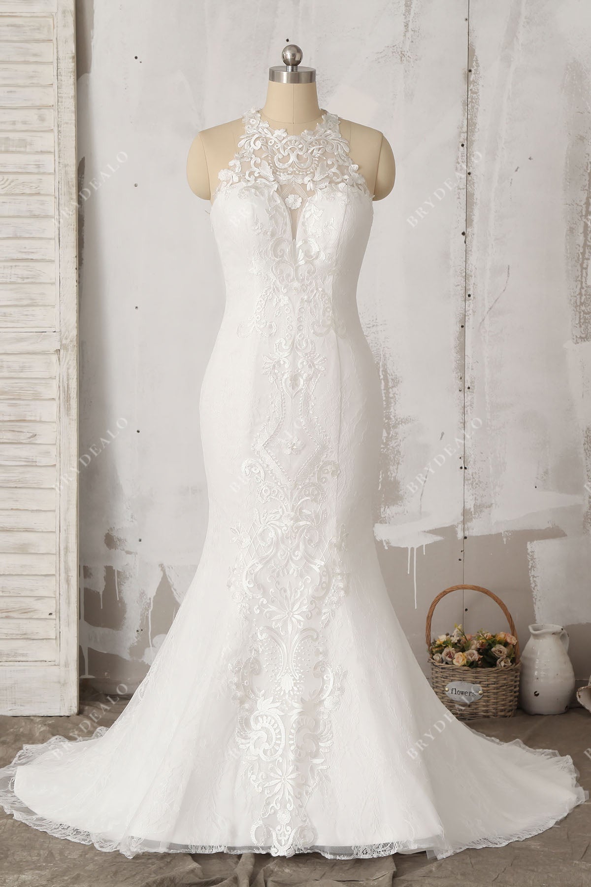 Sleeveless Stylish Lace Illusion Halter Mermaid  Wedding Dress