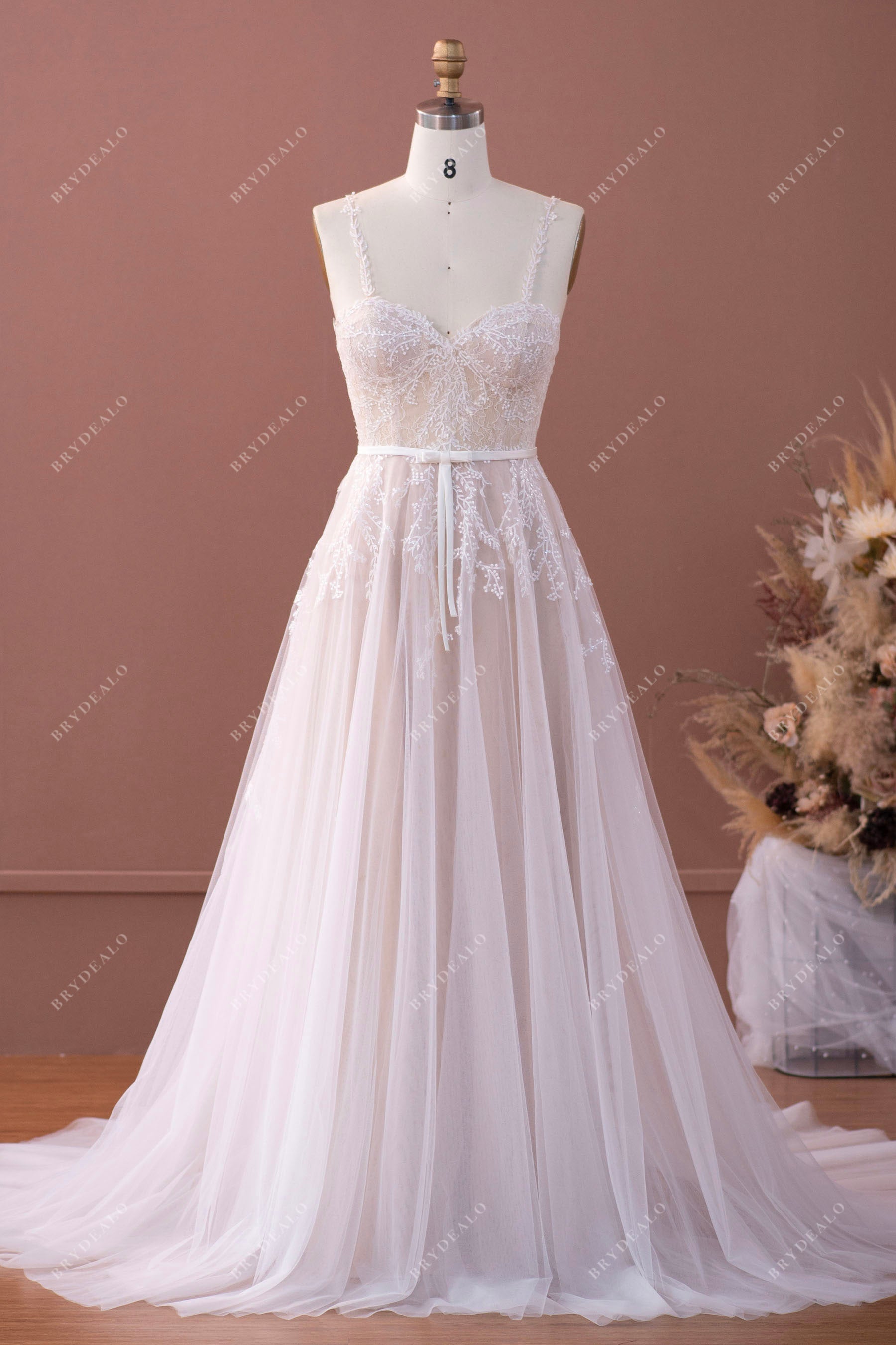 Spaghetti Straps Sweetheart Neck Lace Nude Wedding Dress