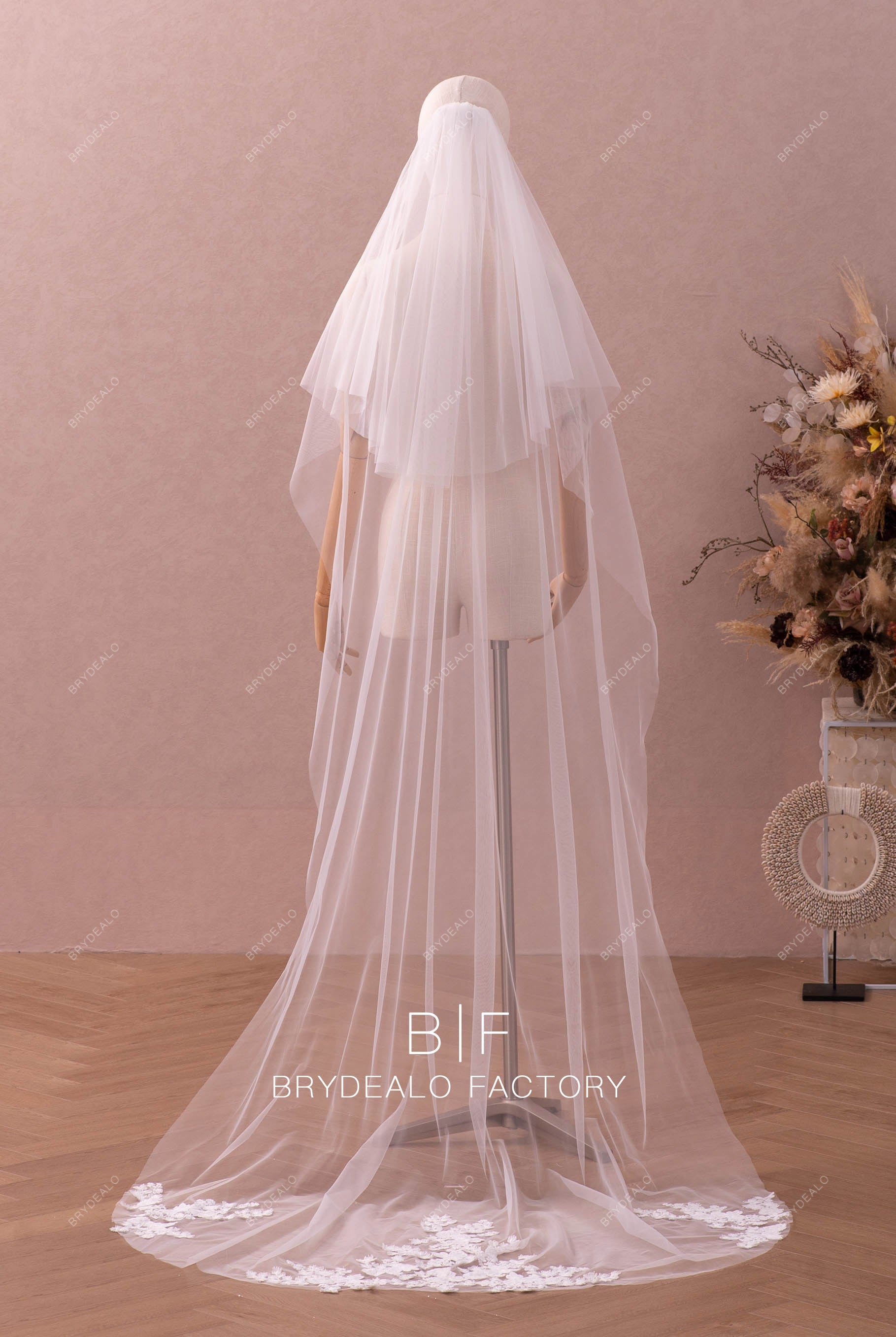 Two Tier Flower Lace Tulle Long Bridal Veil