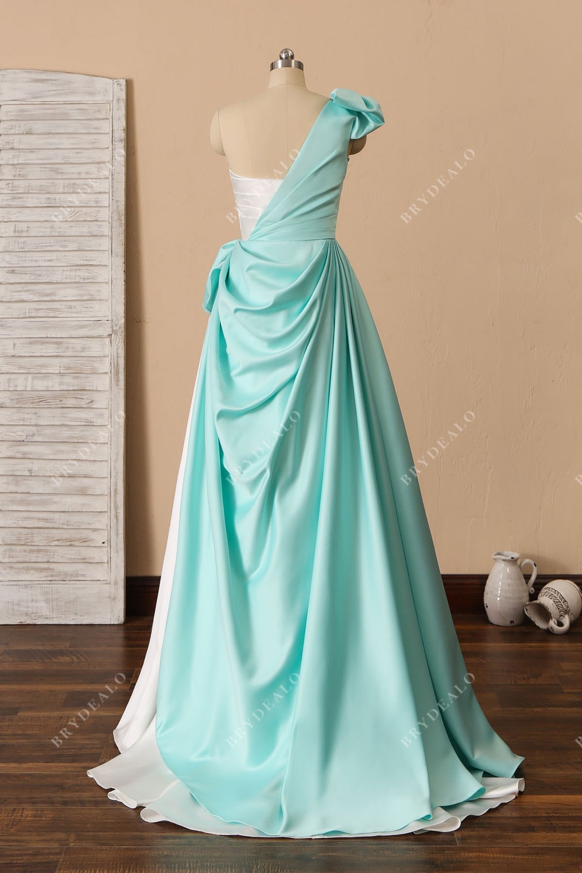 court train tiffany blue satin one shoulder chic bridal dress