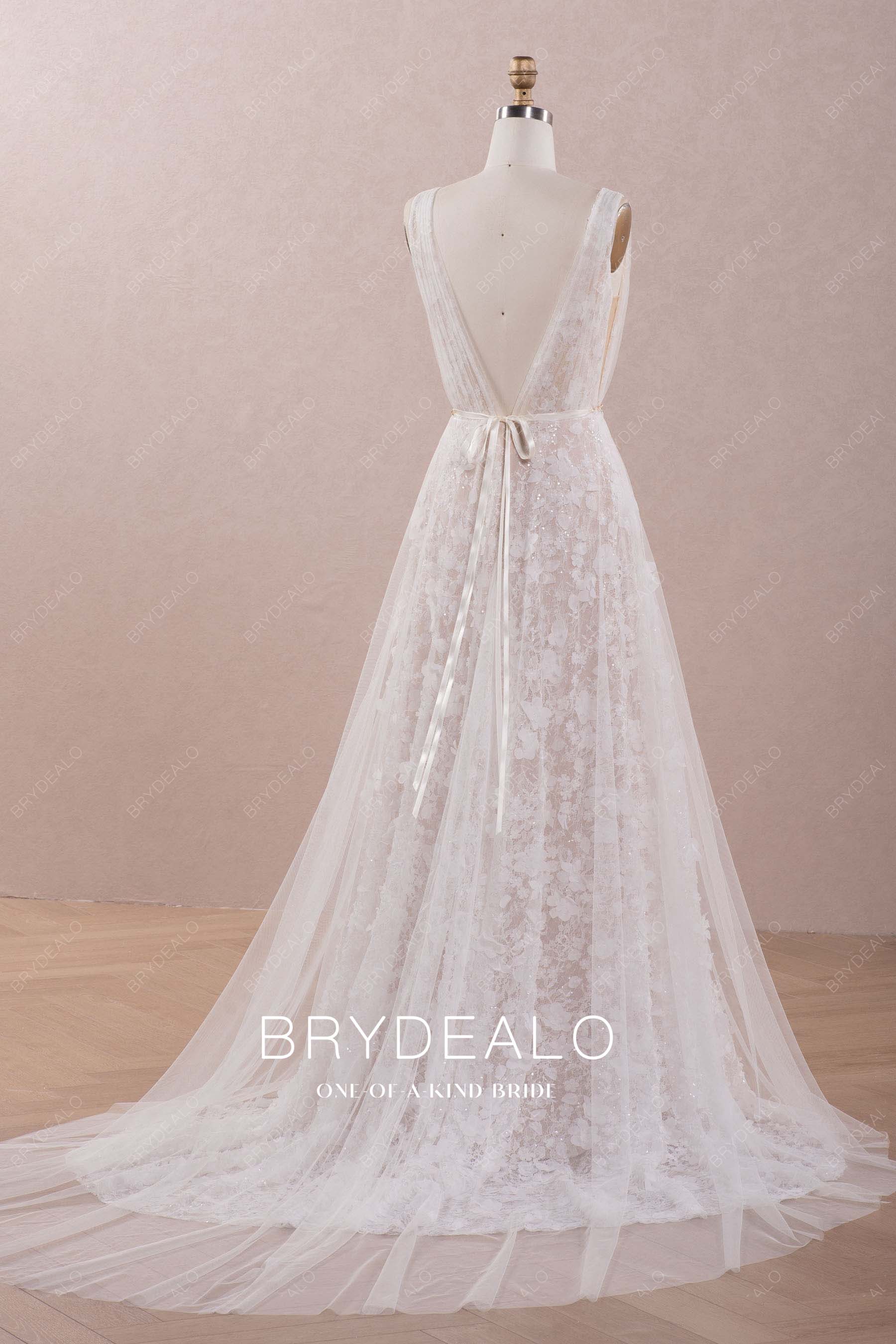 open v-back long train beautiful wedding dress