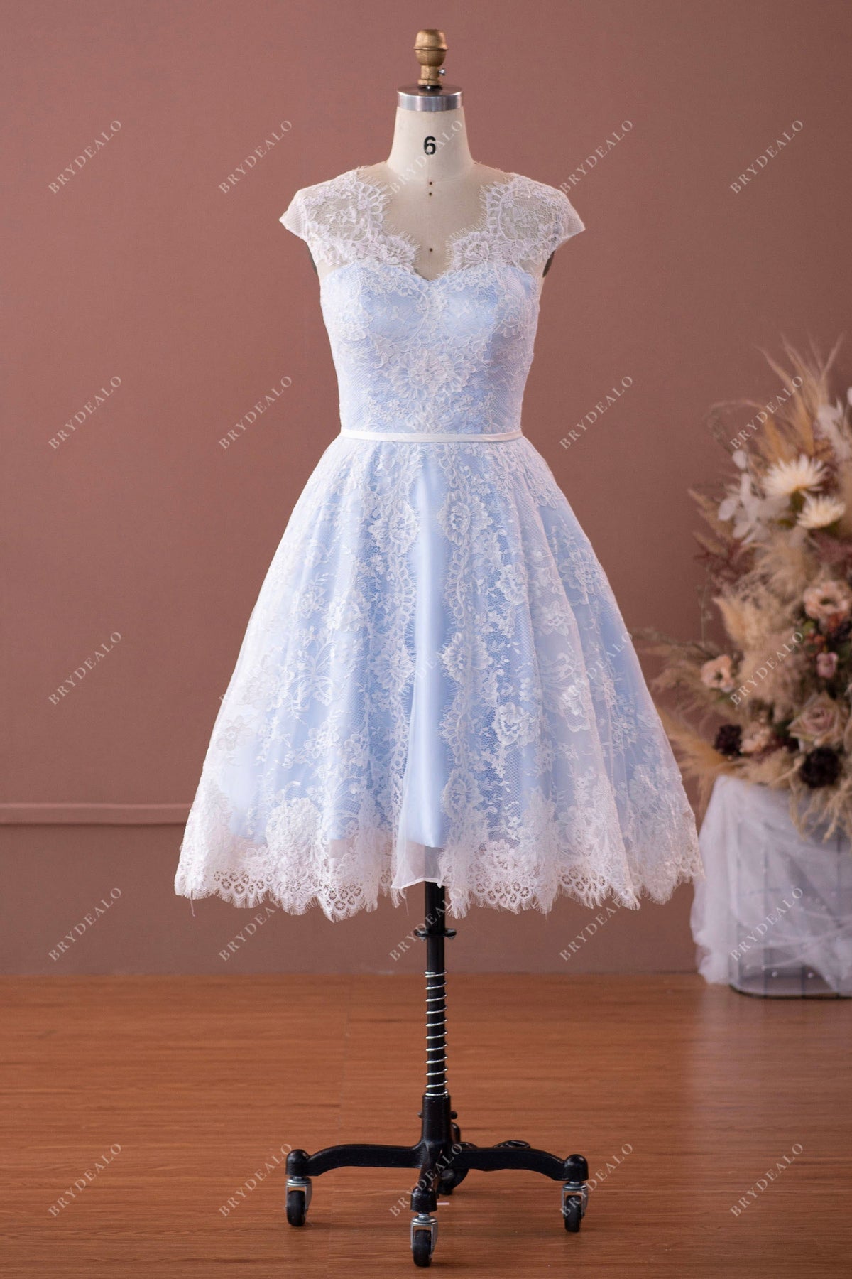 Tea-Length Lace Sky Blue Cap Sleeve Bridal Gown  Brydealo