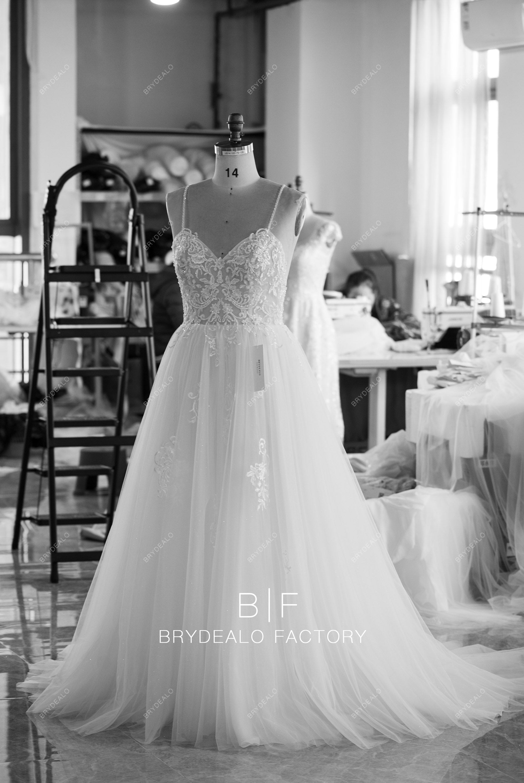 custom beaded straps lace tulle wedding dress
