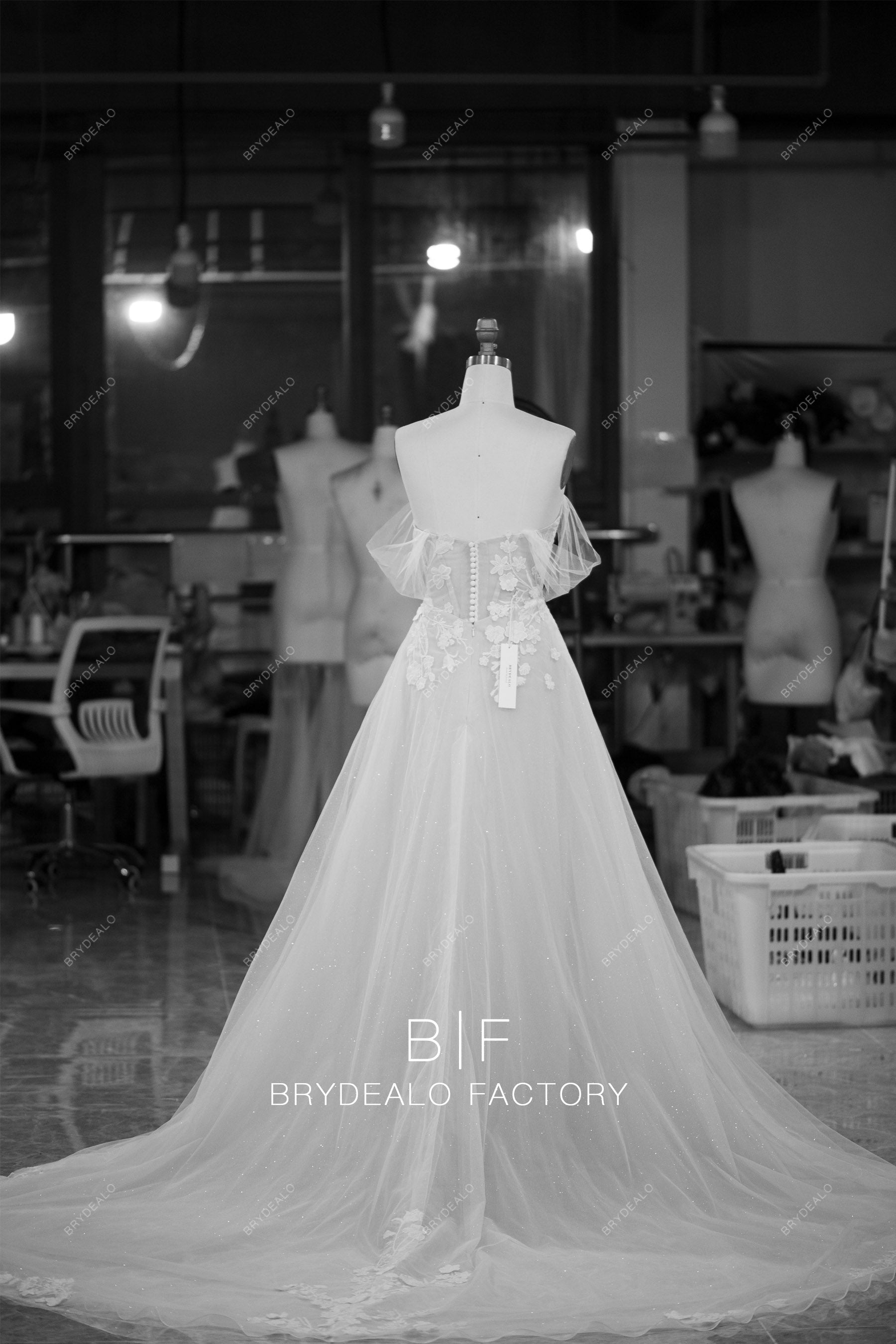 custom long train off shoulder wedding dress