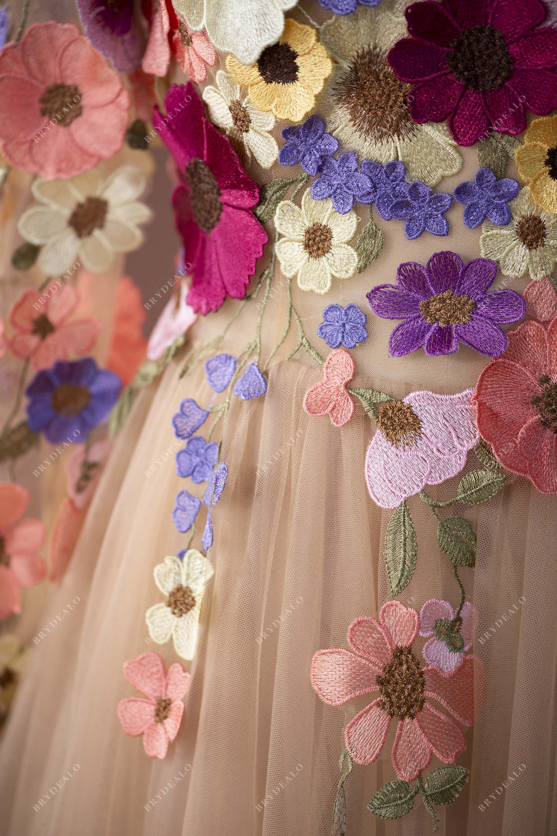 3D colorful flowers tulle wedding dress