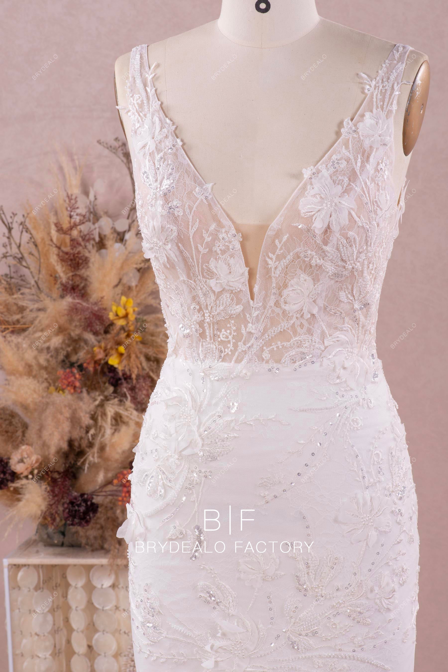 3D flower beaded plunging neck sleeveless wedding dress