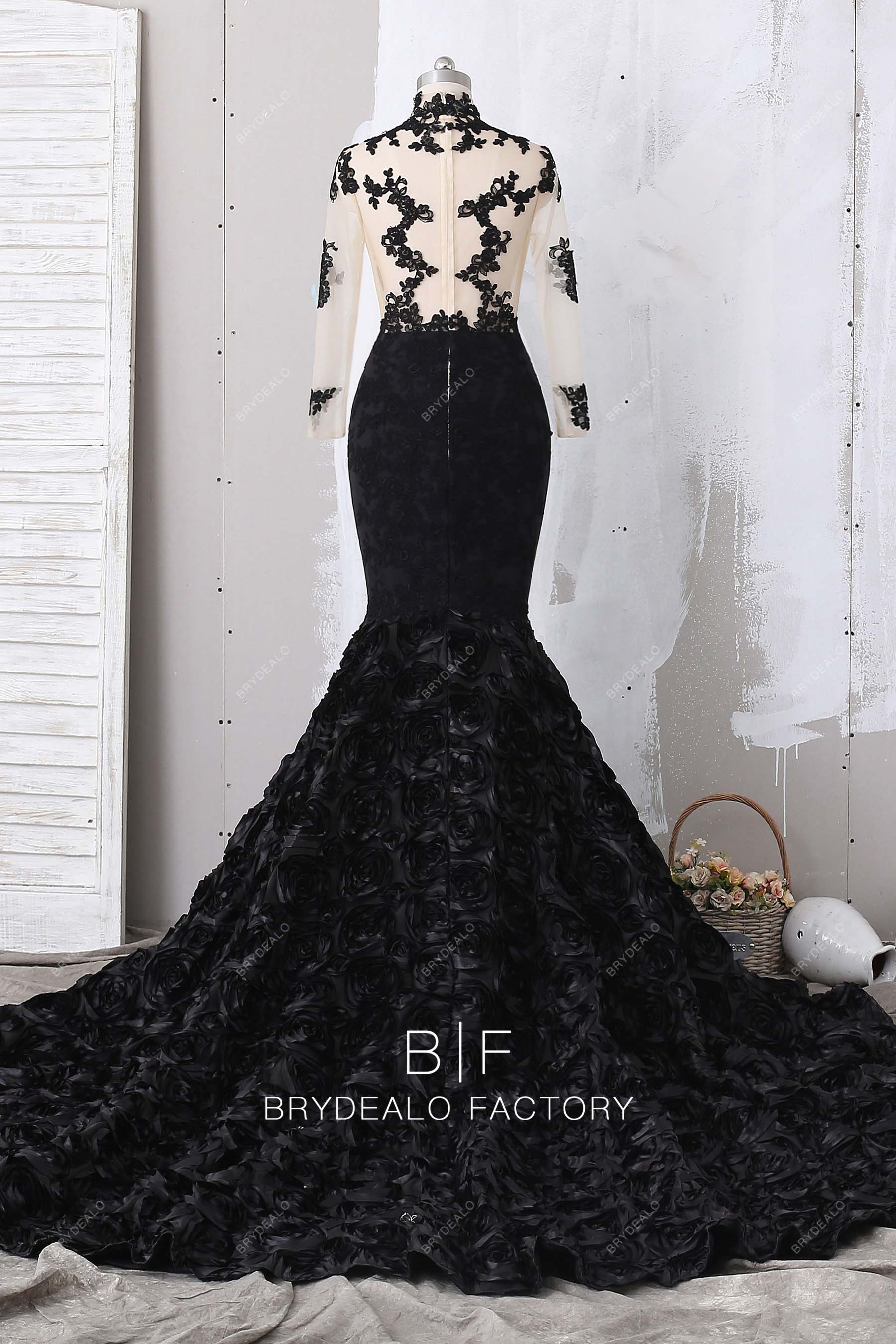 black lace illusion sleeve mermaid prom dress