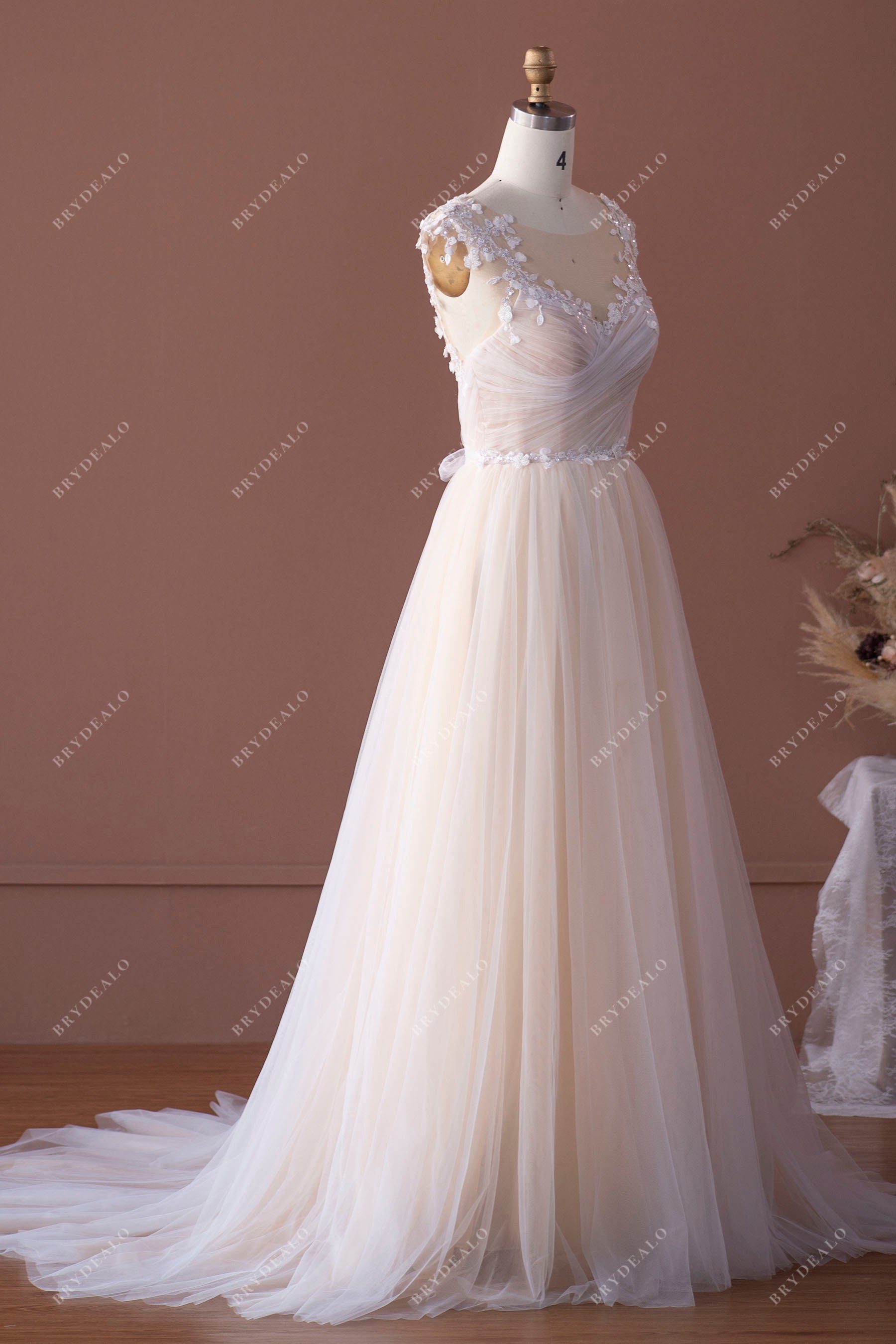 lace applique wrapped A-line wedding dress