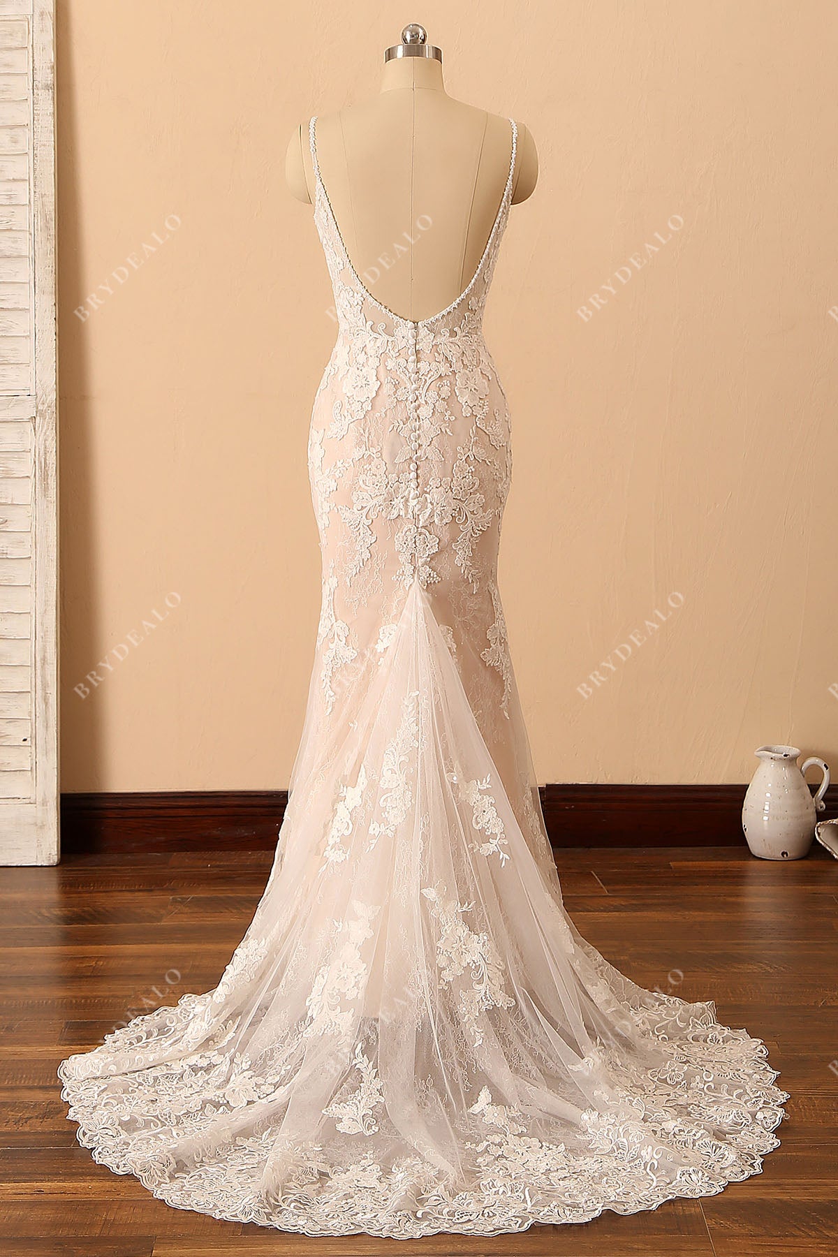 open back lace applique trumpet bridal dress