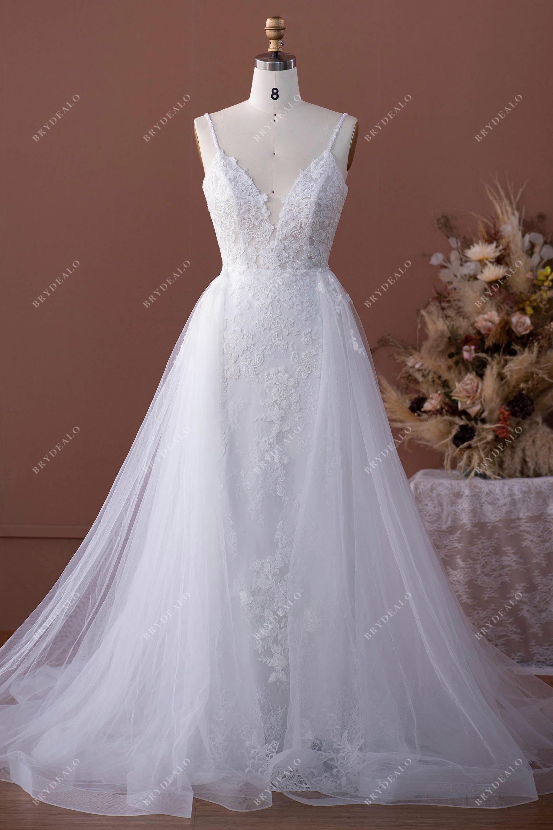 ivory plunging neck tulle overskirt wedding dress