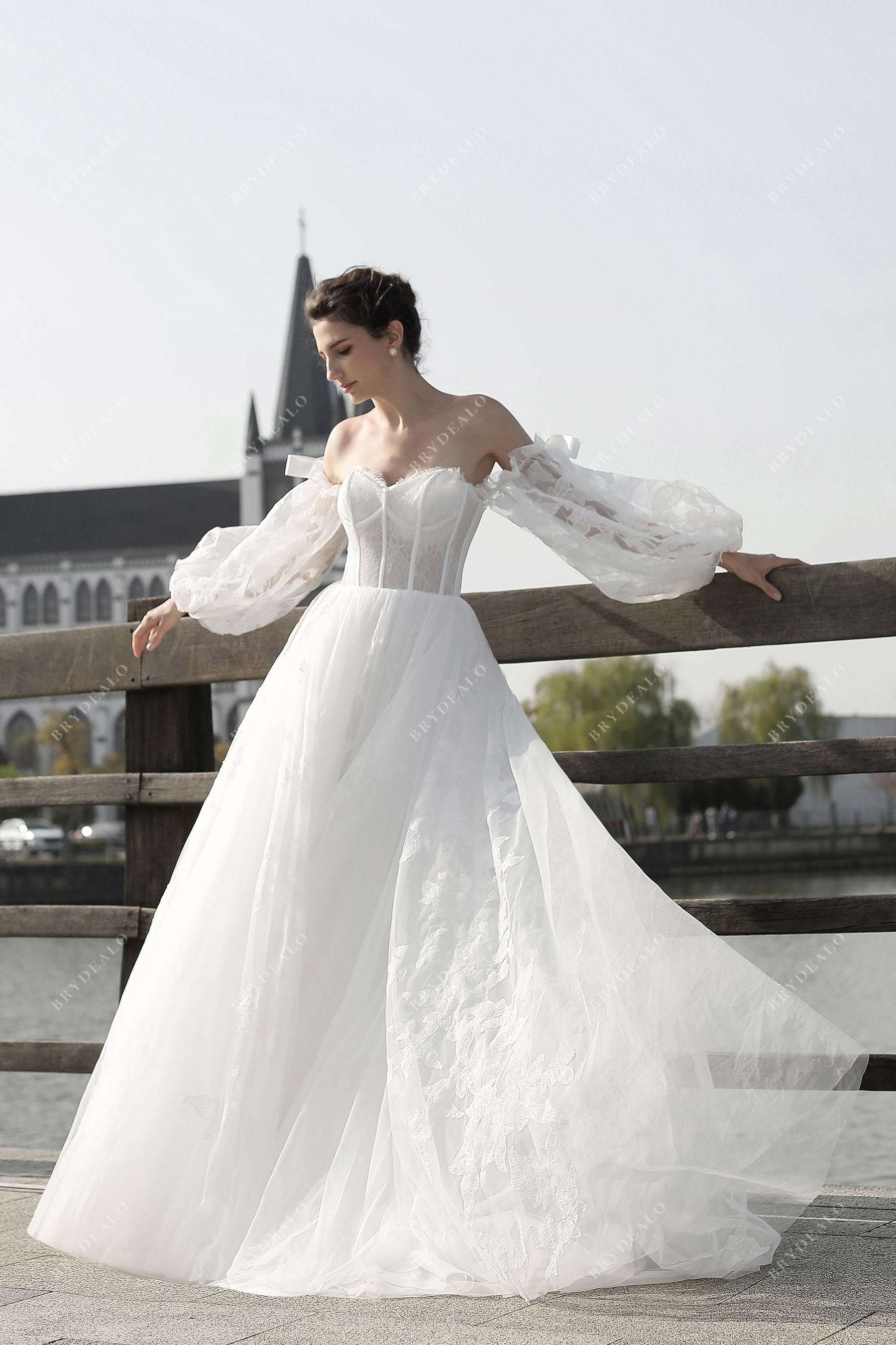 strapless bell sleeve wedding gown