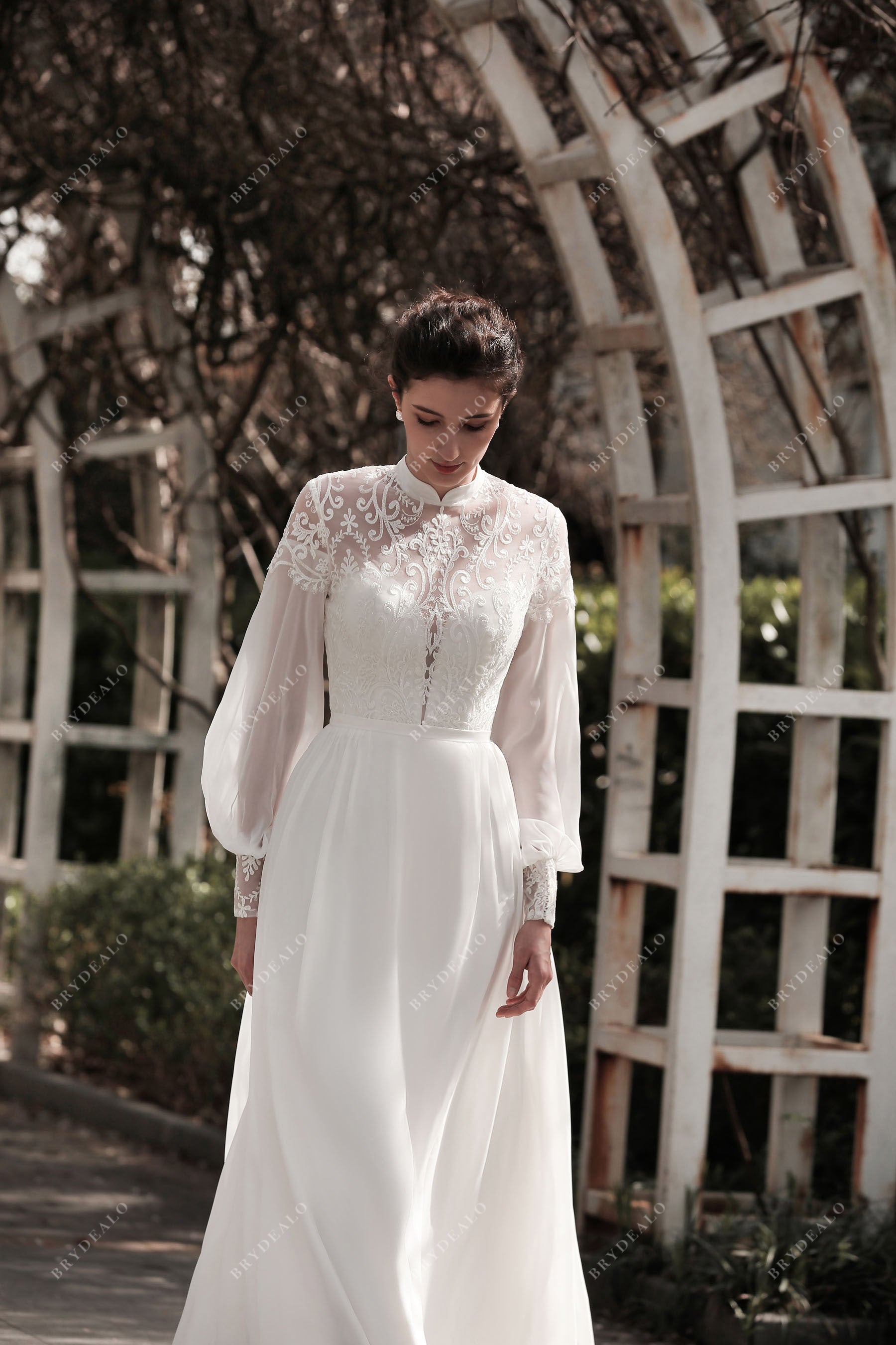 sheer long sleeve A-line bridal dress