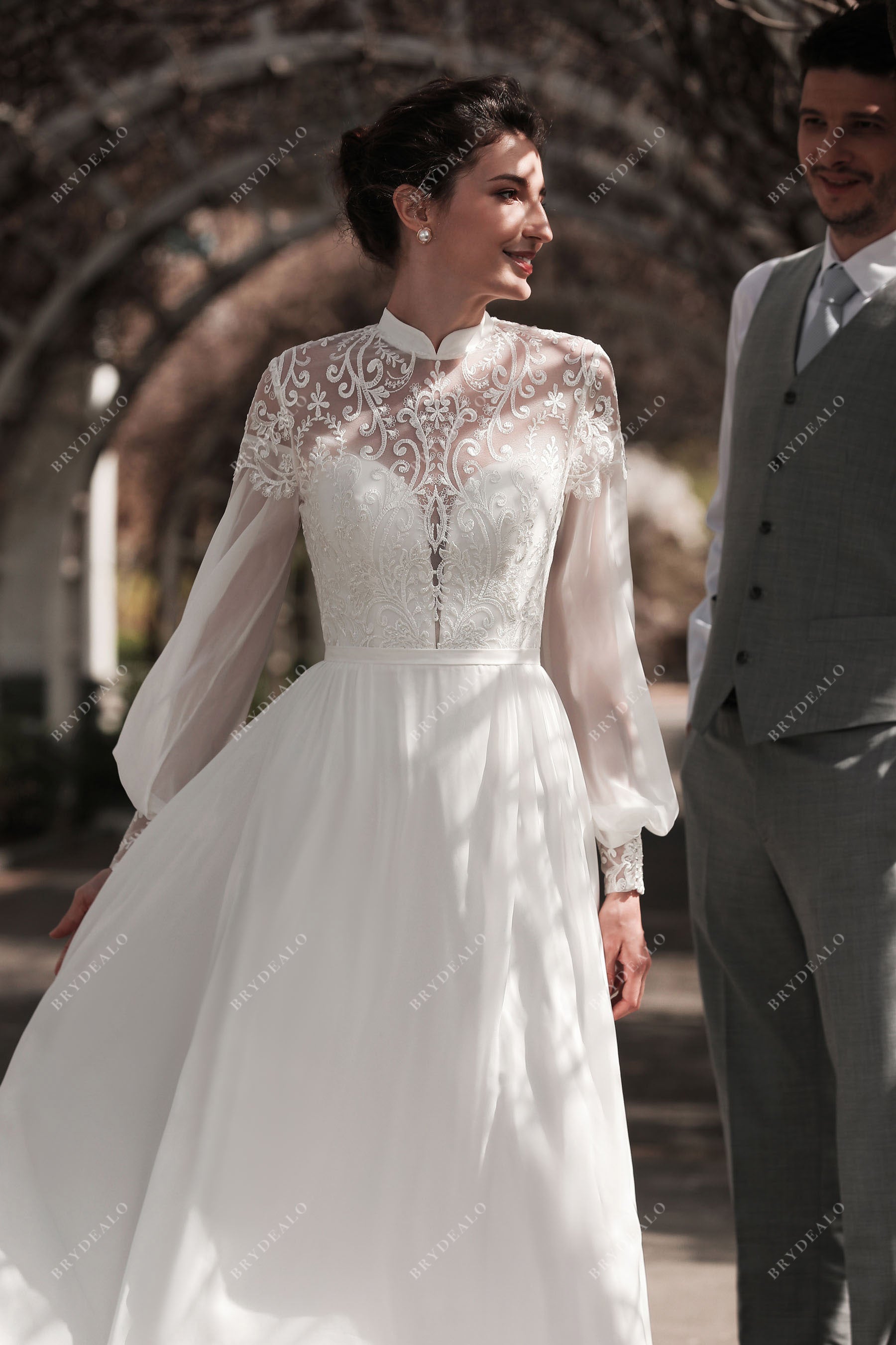 sheer high neck long sleeve chiffon wedding dress