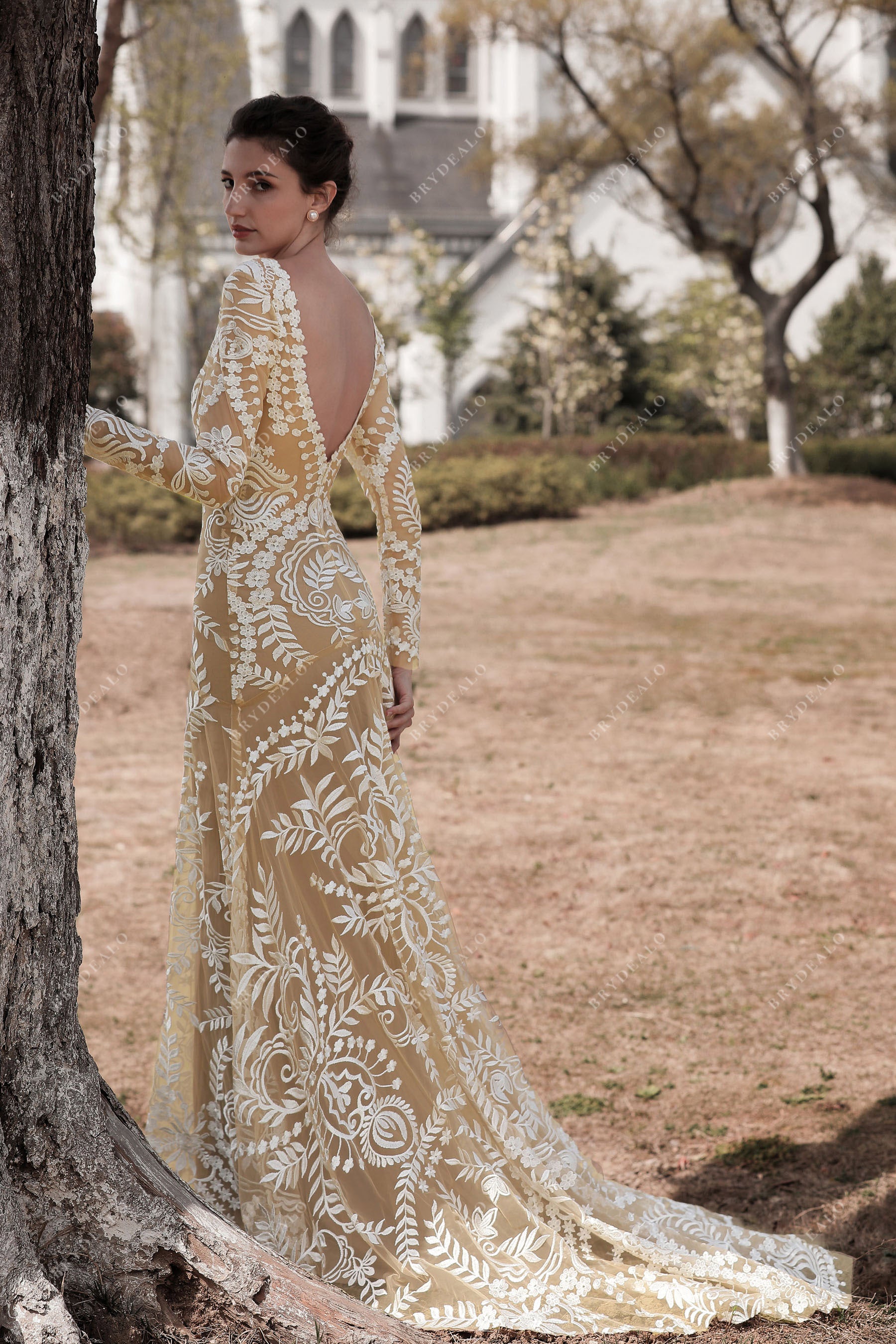 Boho Sleeved Lace Wedding Dress with Nude Slip – Brydealo