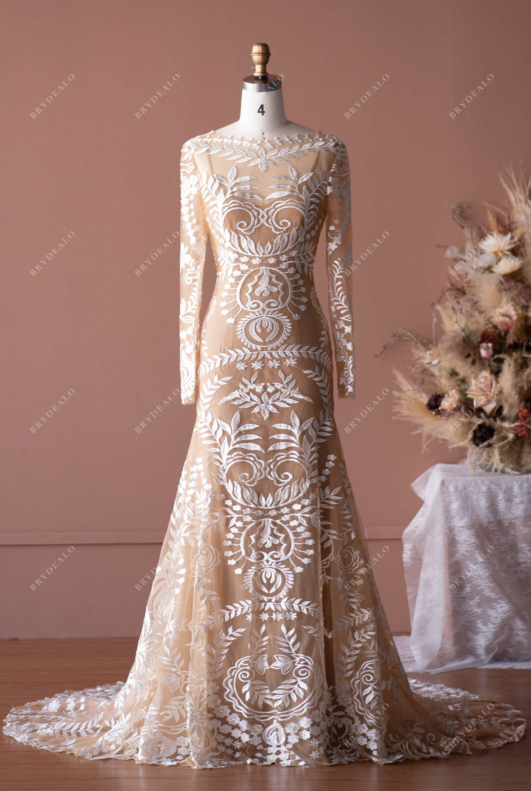 straight across neck lace applique trumpet wedding dress
