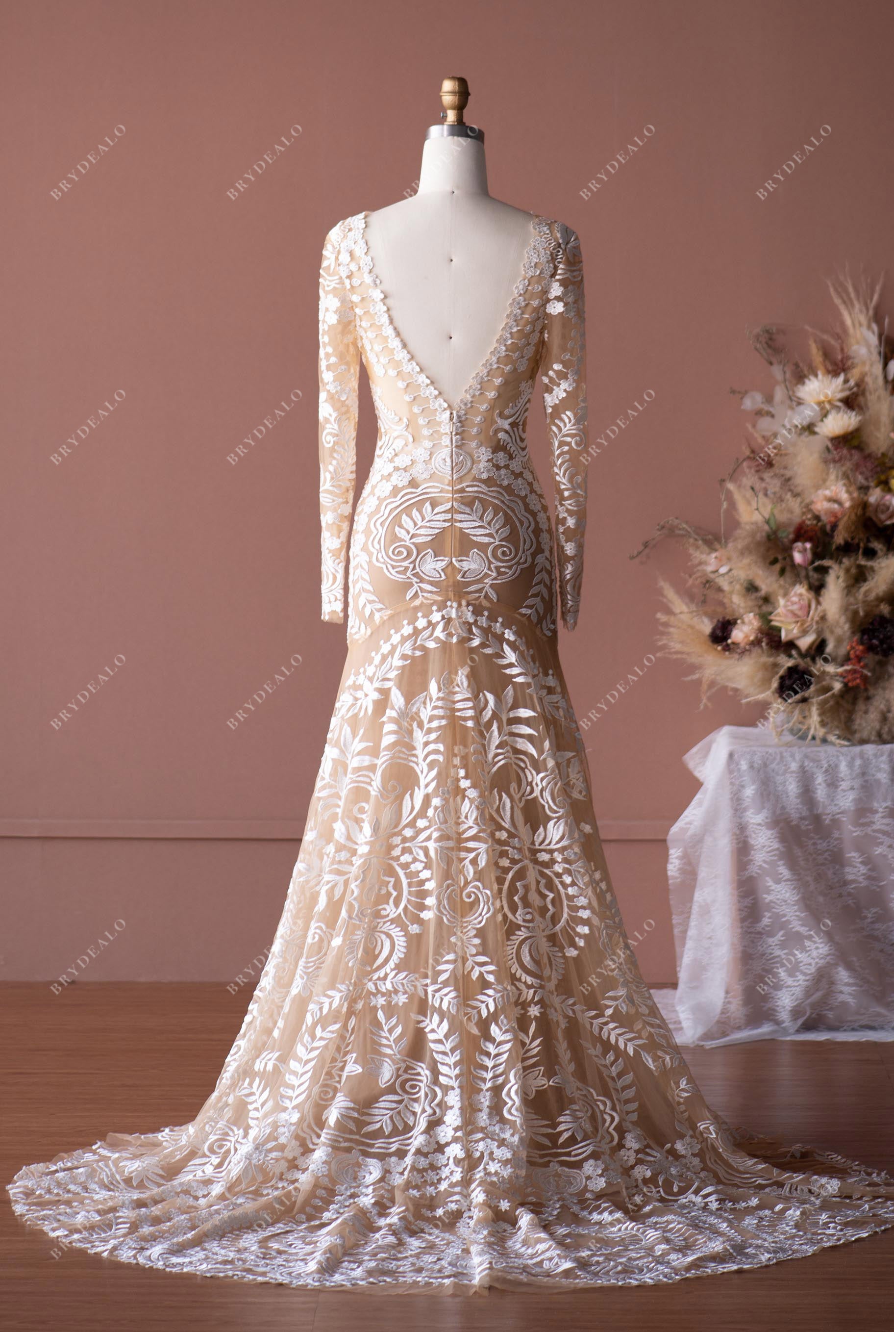 boho long sleeves lace court train bridal dress 