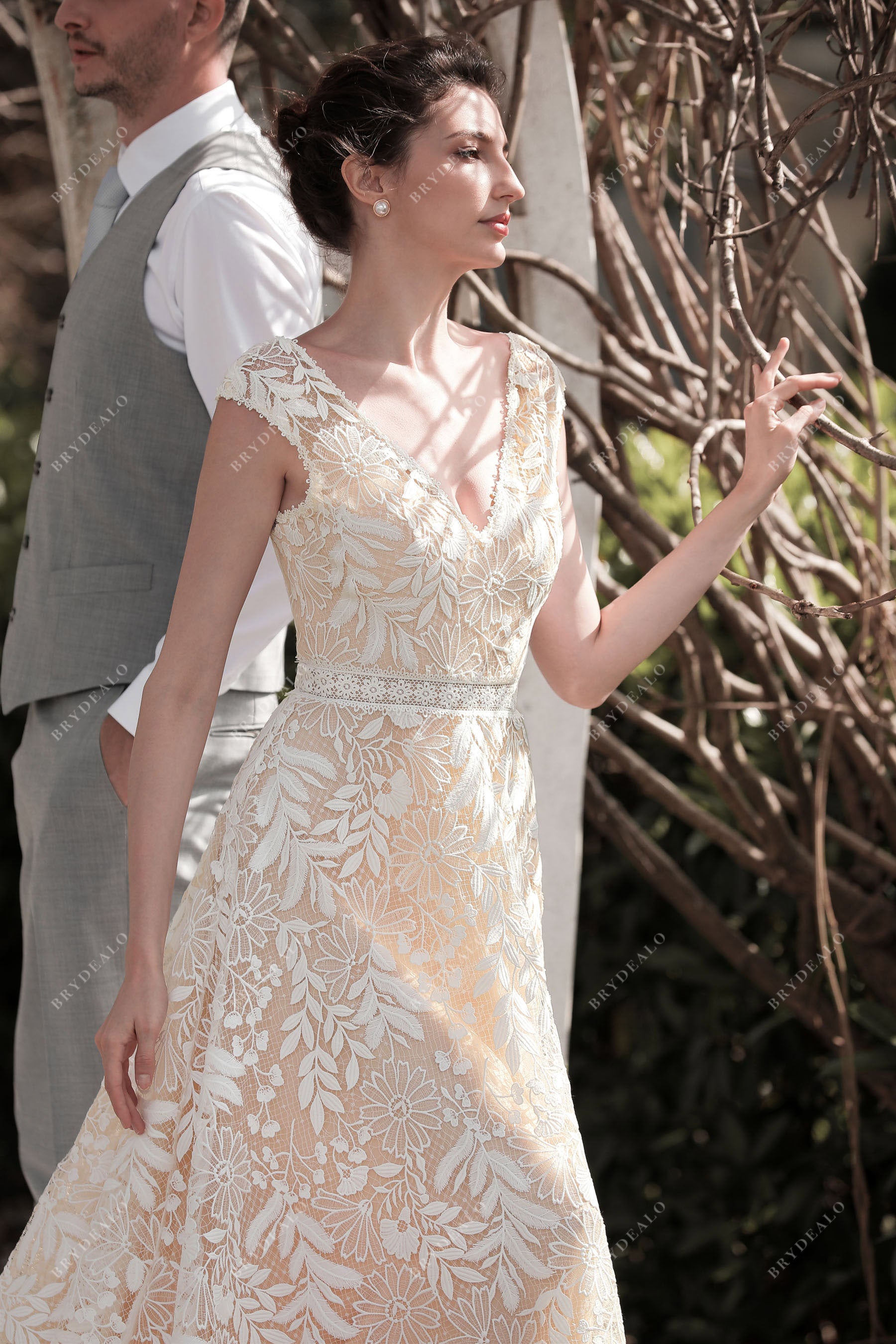 v-neck venise lace bridal dress