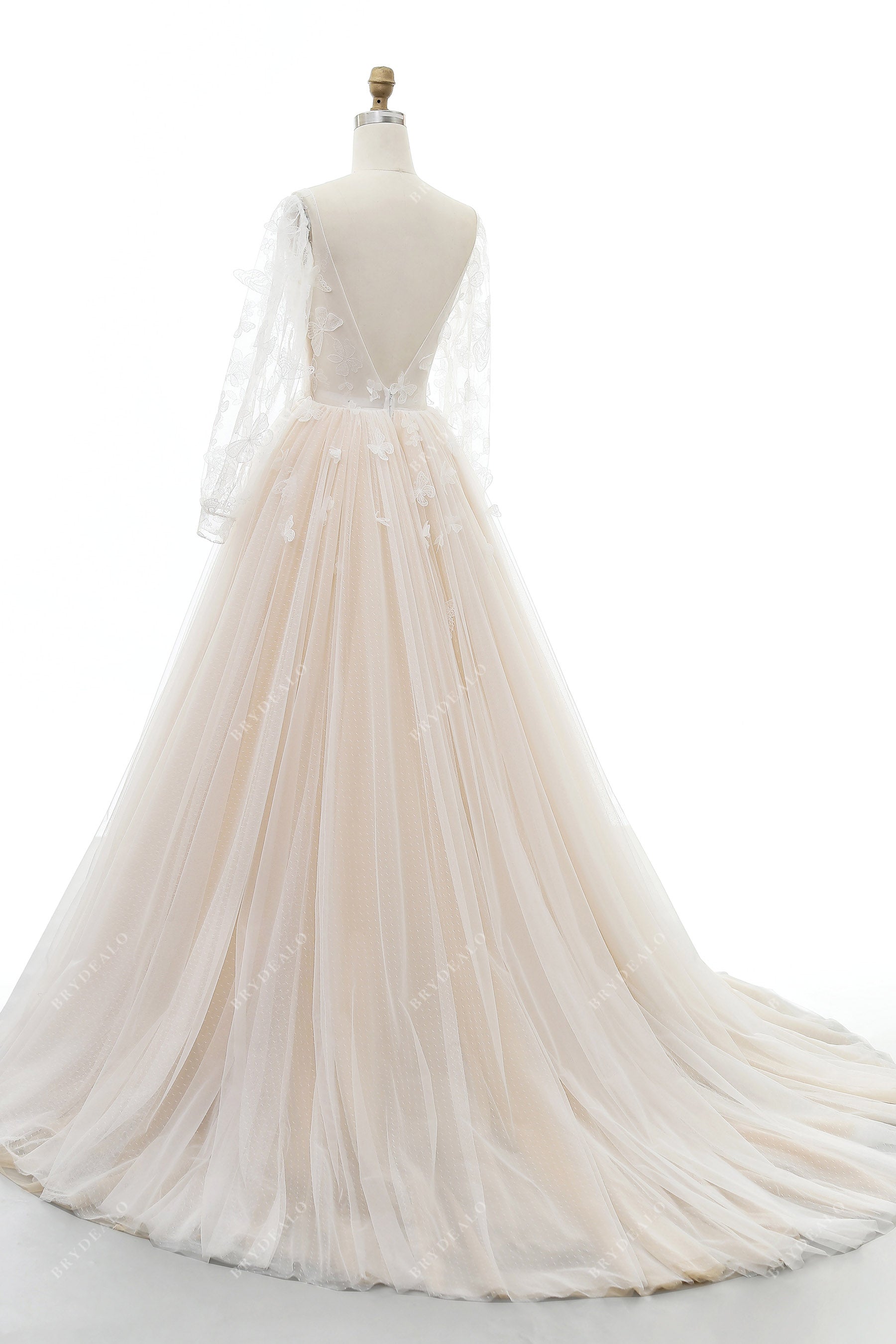 illusion V-back tulle court train wedding dress