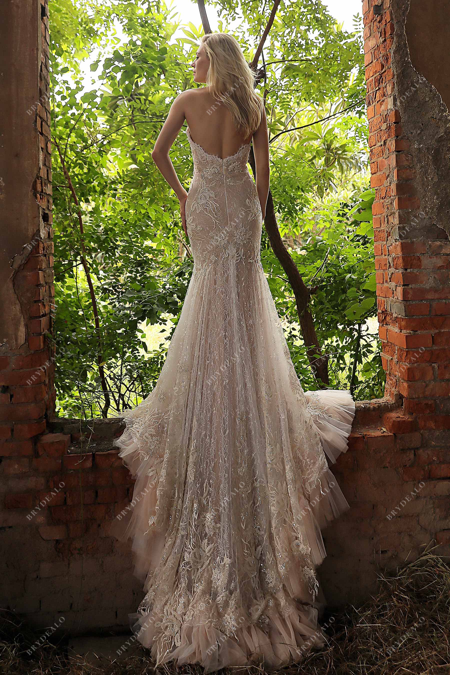 open back ruffled long train bridal dress