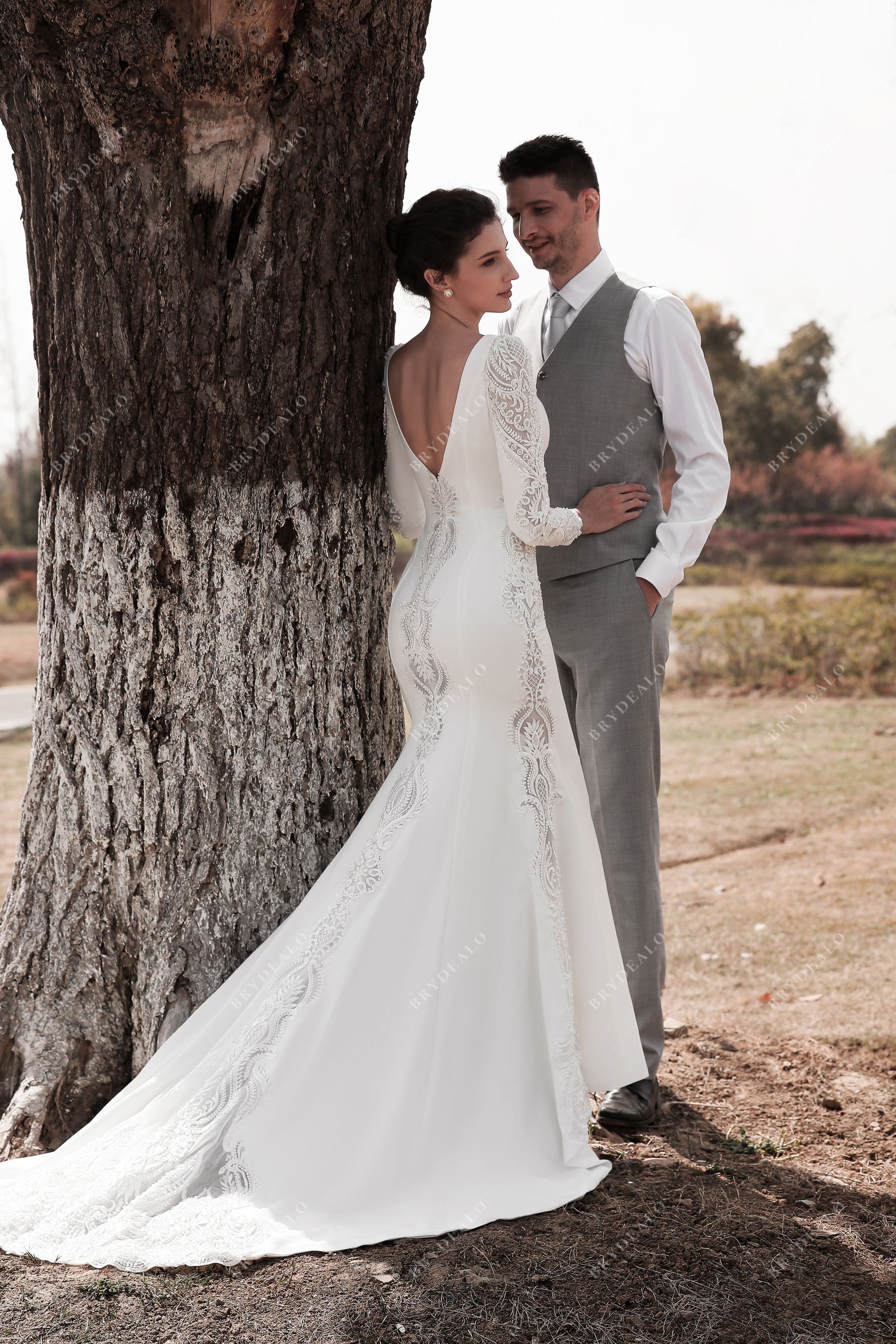 illusion cutout long train trumpet wedding dress