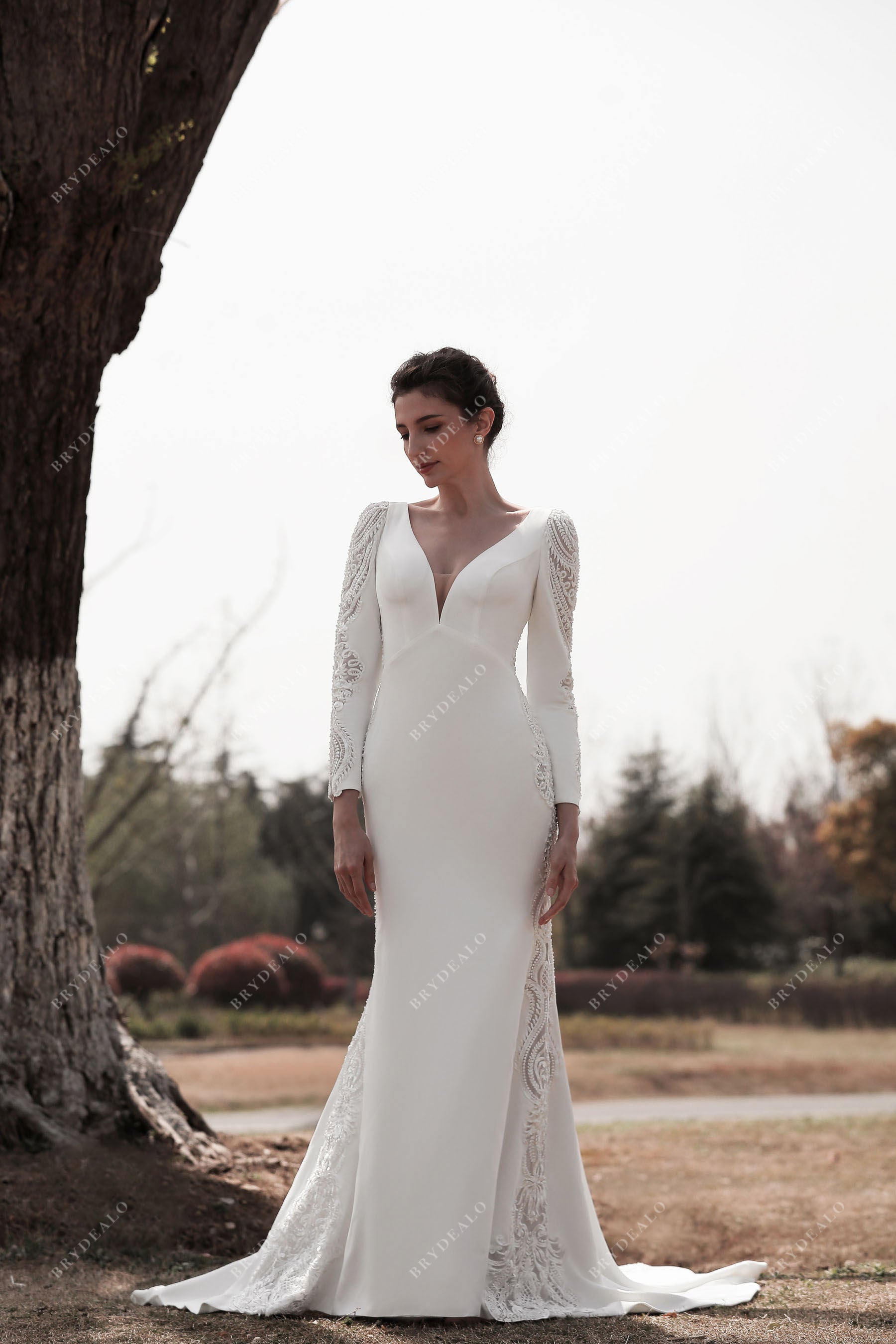 ivory long sleeves crepe lace mermaid bridal dress