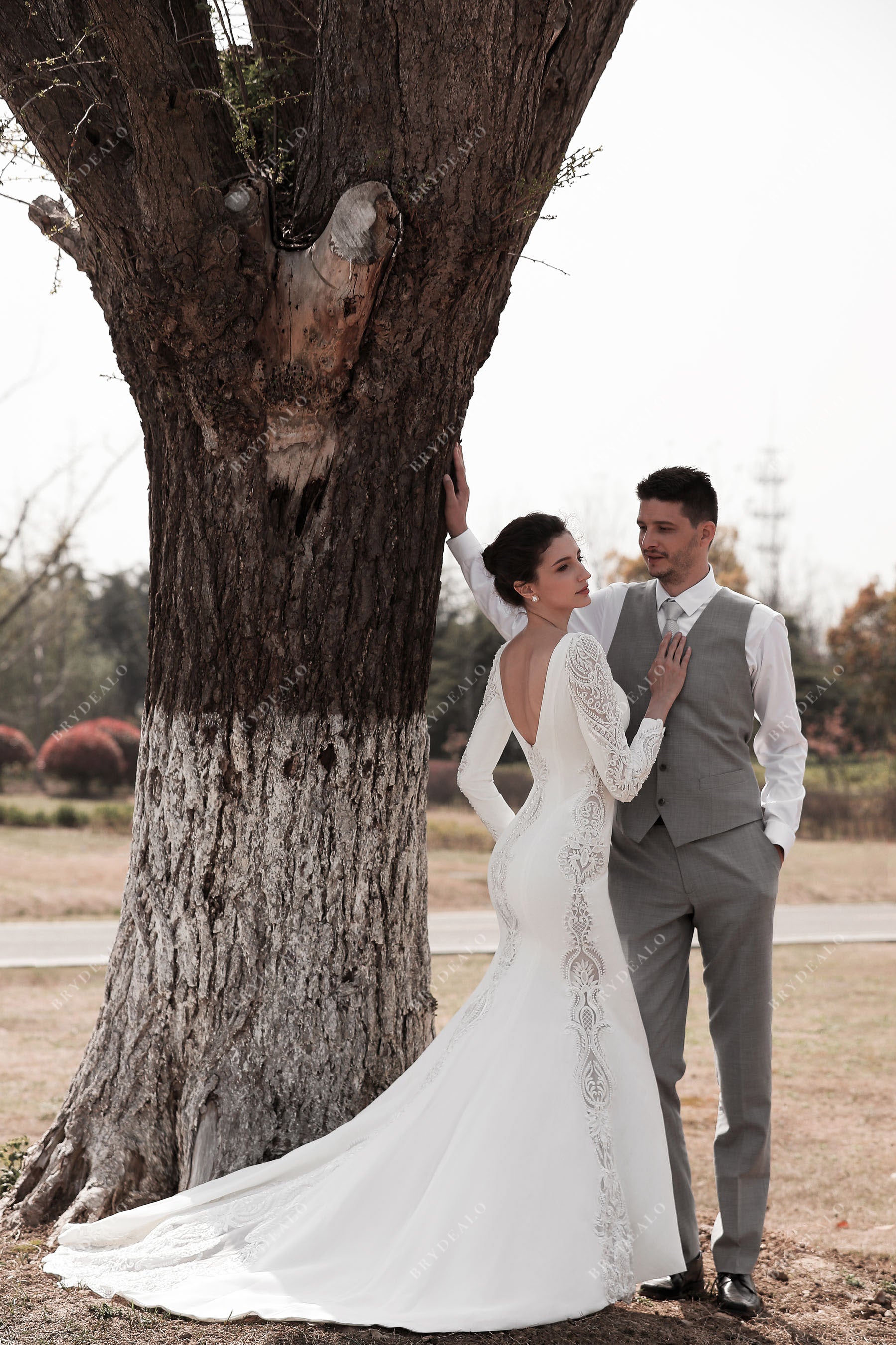 crepe sequin lace long train bridal dress