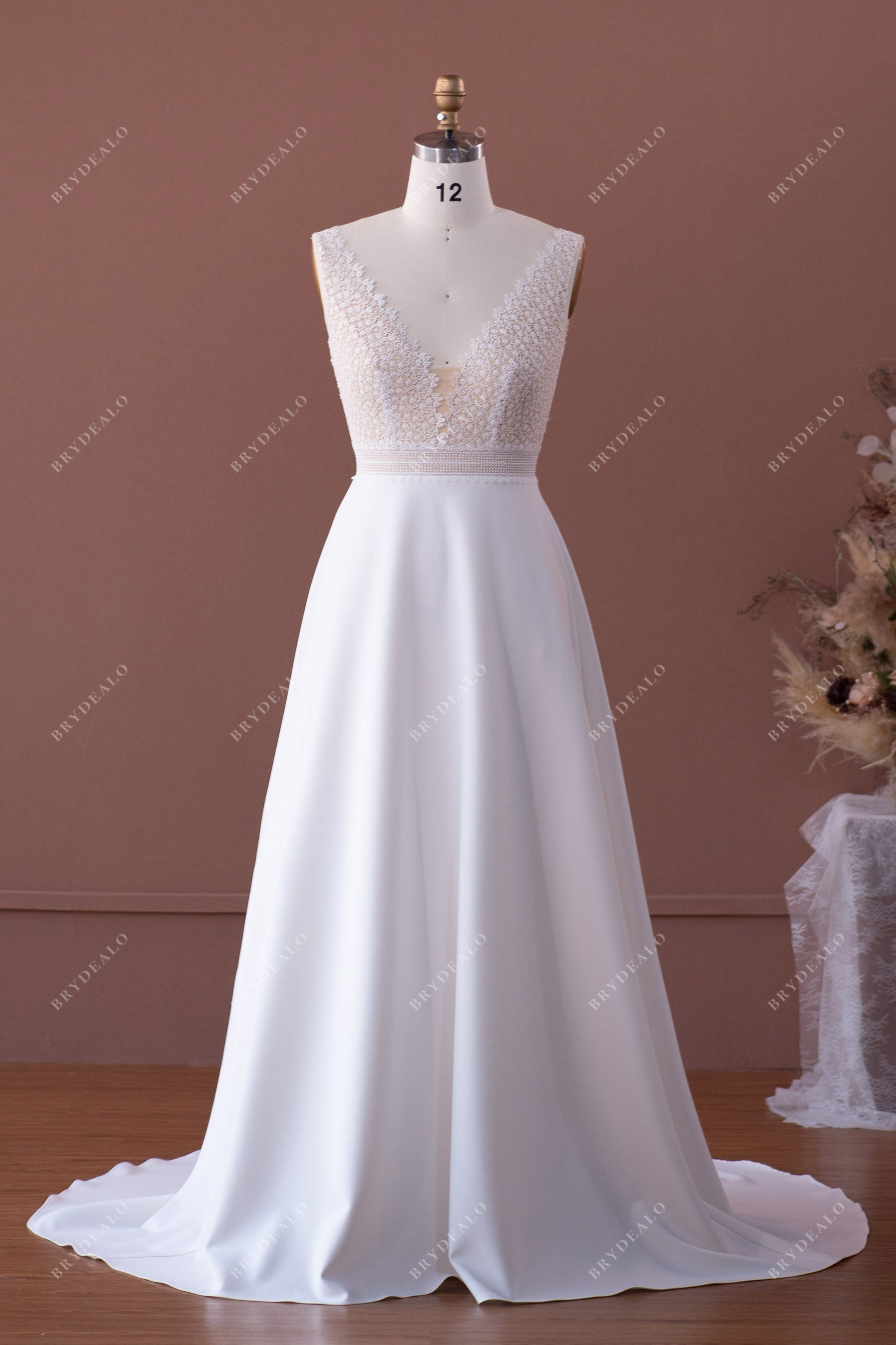 sleeveless lace A-line crepe wedding dress