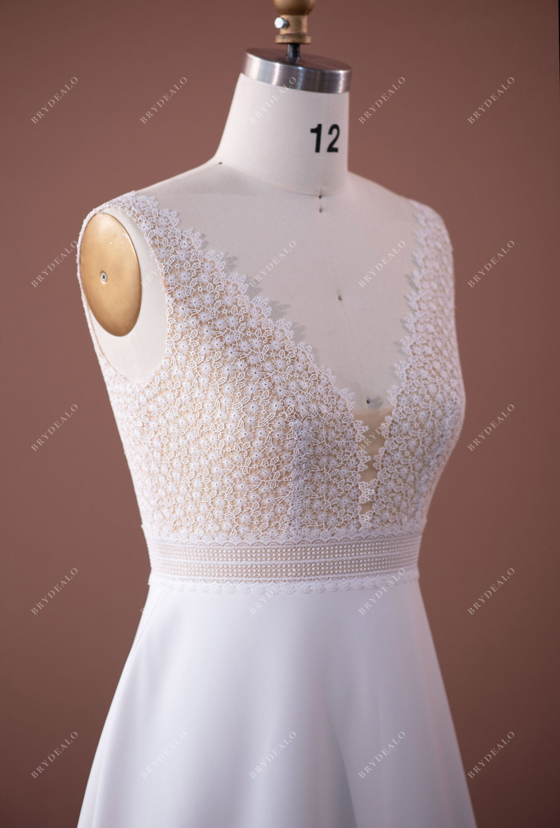 lace sleeveless bodice crepe wedding dress