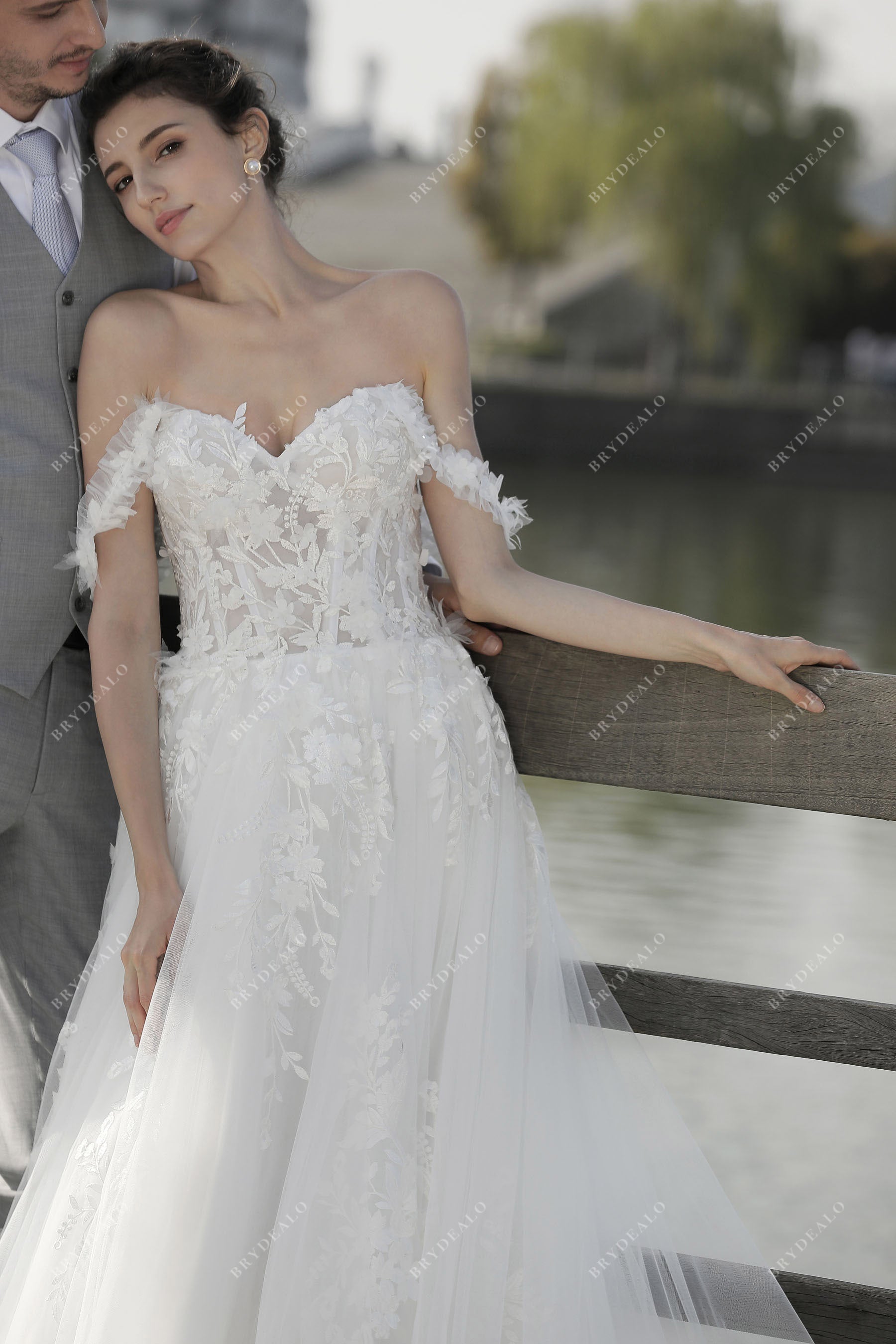flower lace straps tulle wedding dress