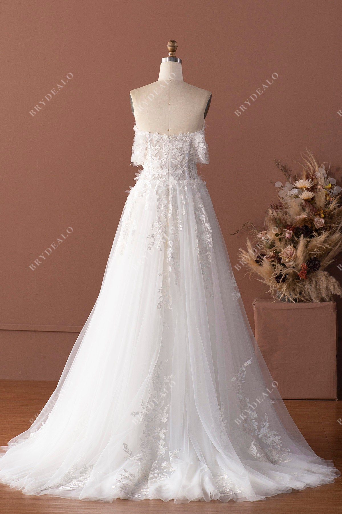 open back lace applique tulle bridal dress