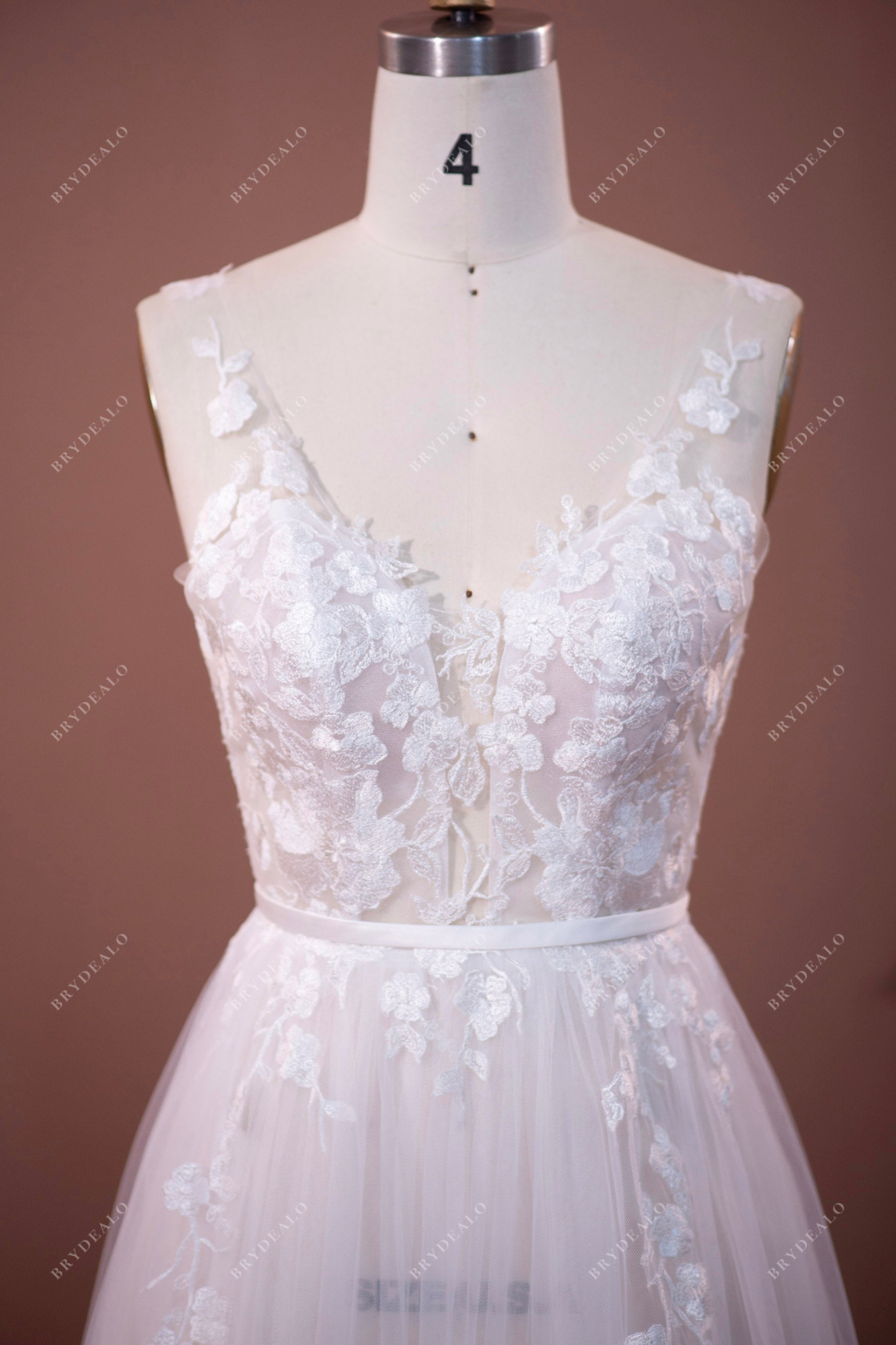 illusion strap plunging wedding dress
