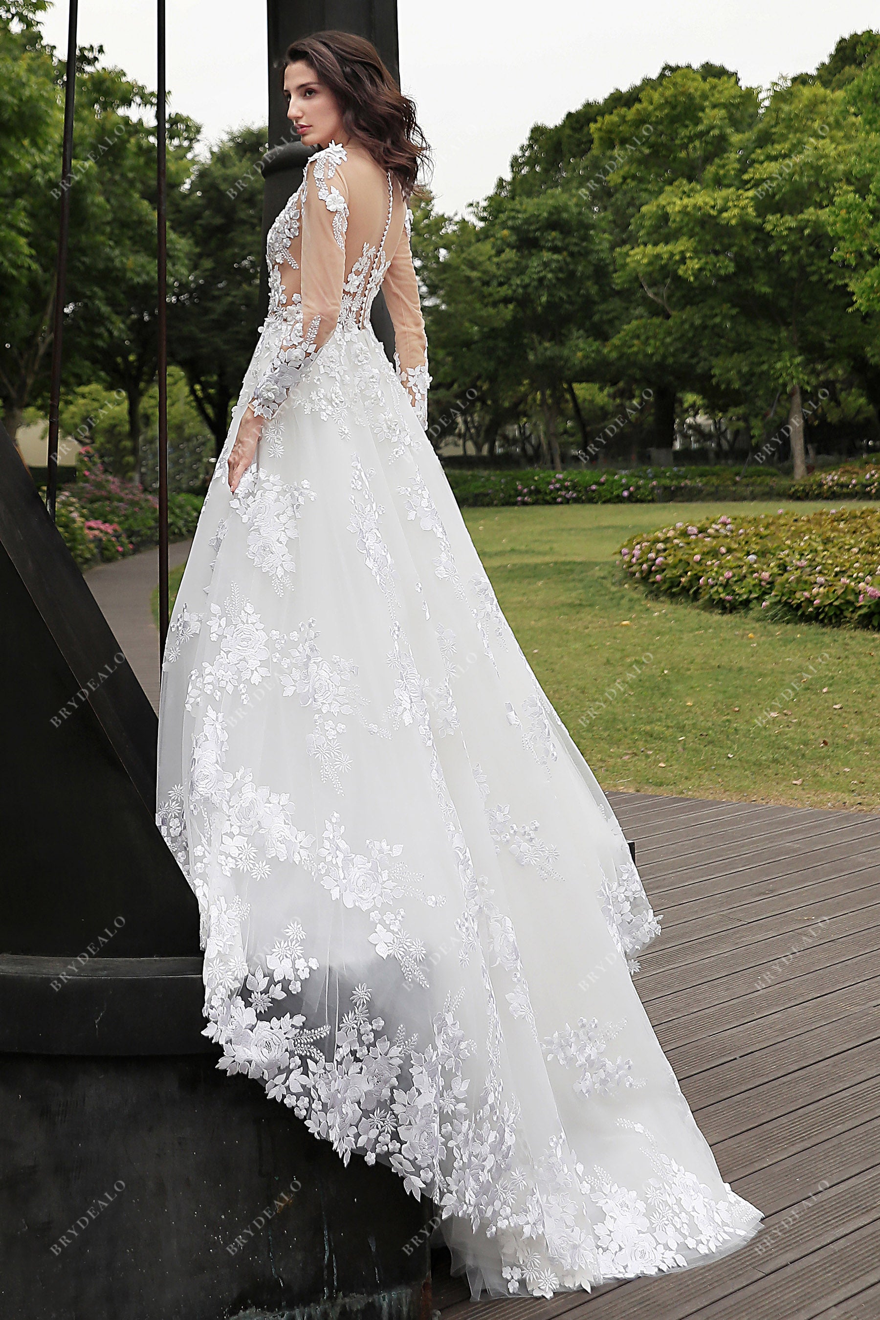 illusion back long train bridal dress