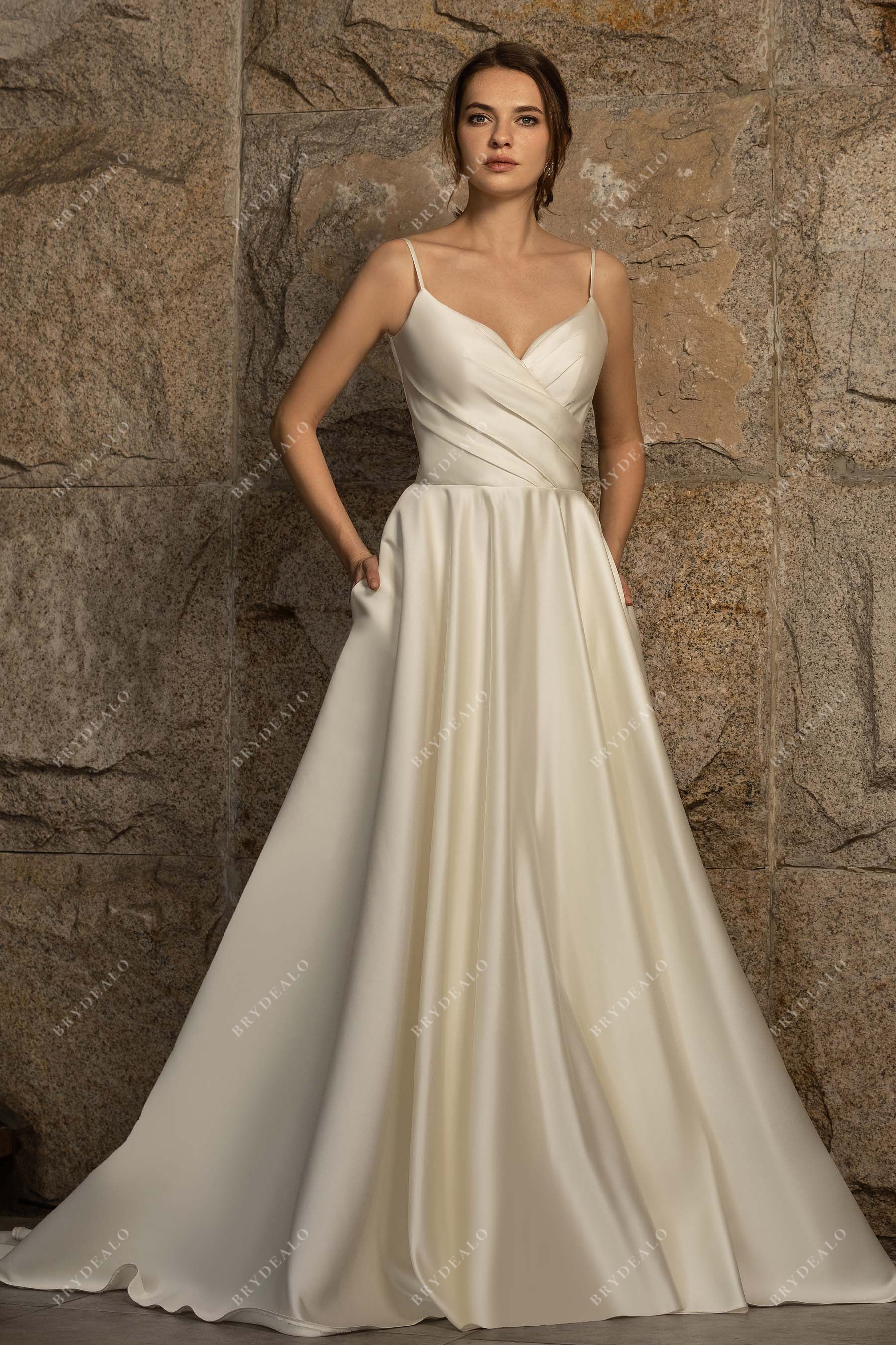 thin strap pleated satin wedding dress