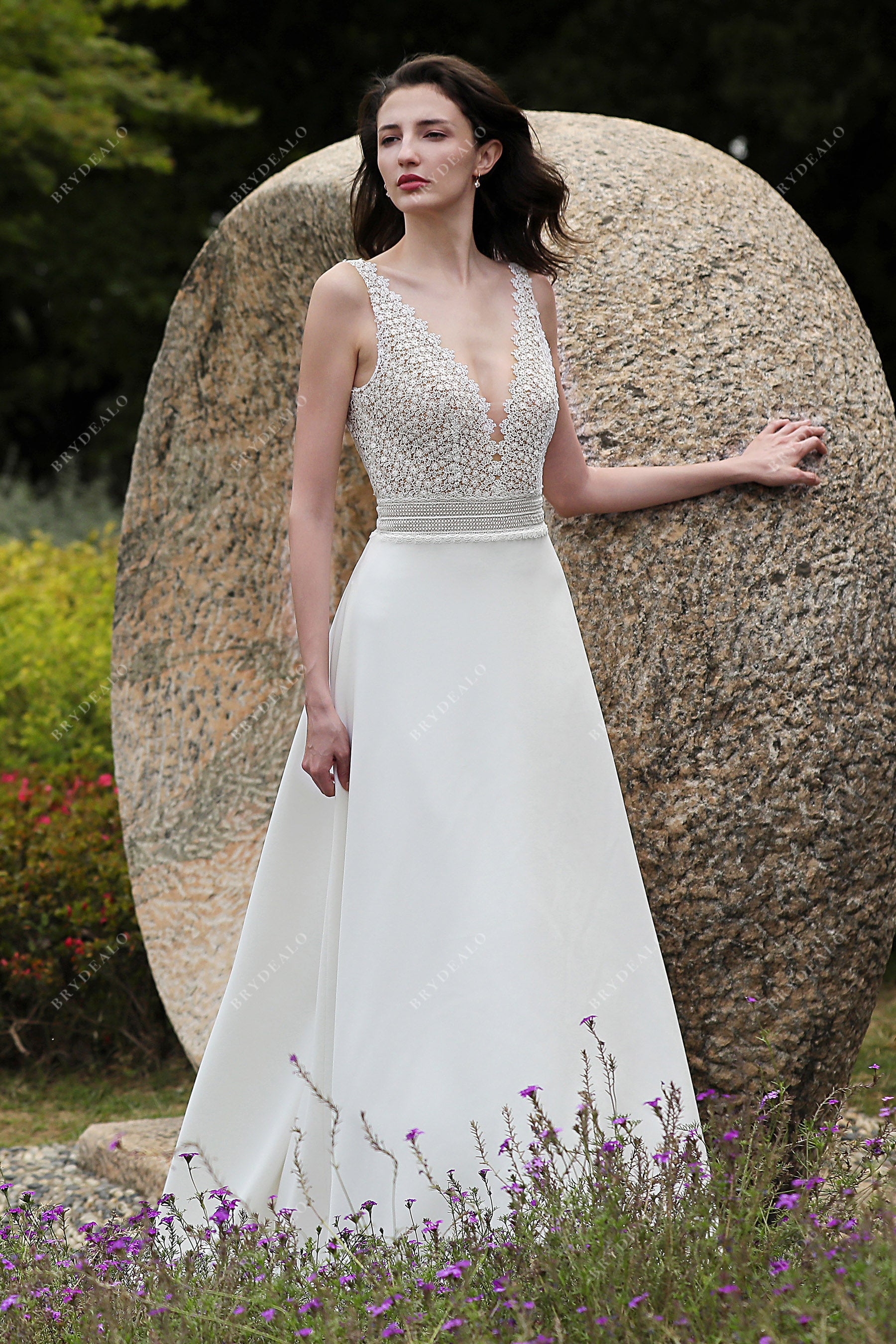 plunging neck crepe A-line bridal dress